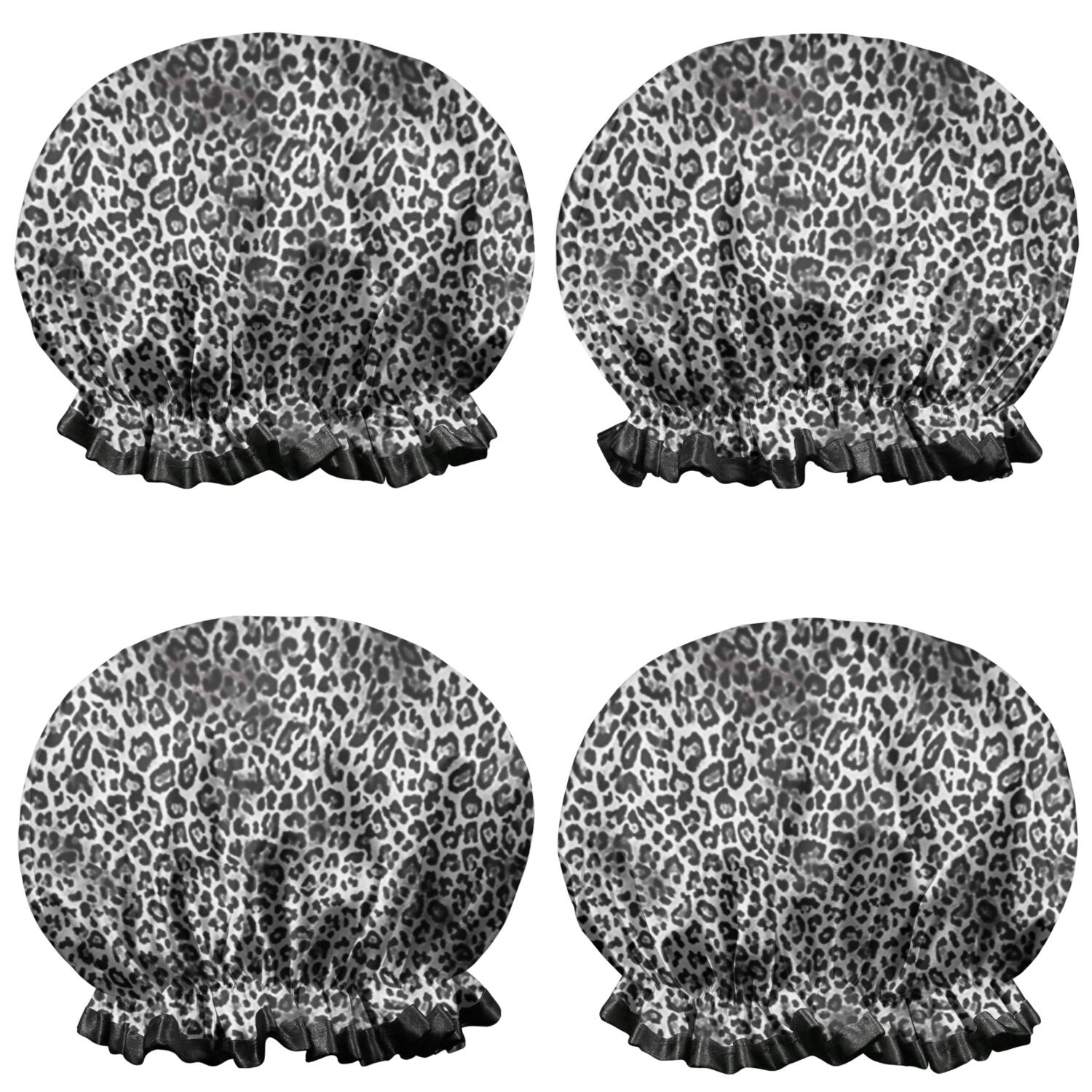 Shower Caps,Black and Tan Leopard Print Waterproof Shower Cap for Women 4 Pieces,Double Reusable Hair Cover for Shower PEVA Elastic Stretch Hem