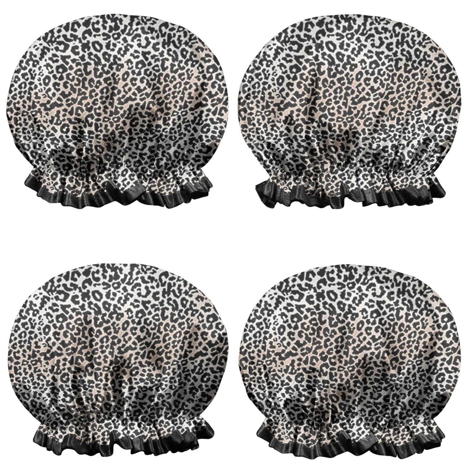 Shower Caps,Black and Tan Leopard Print Waterproof Shower Cap for Women 4 Pieces,Double Reusable Hair Cover for Shower PEVA Elastic Stretch Hem