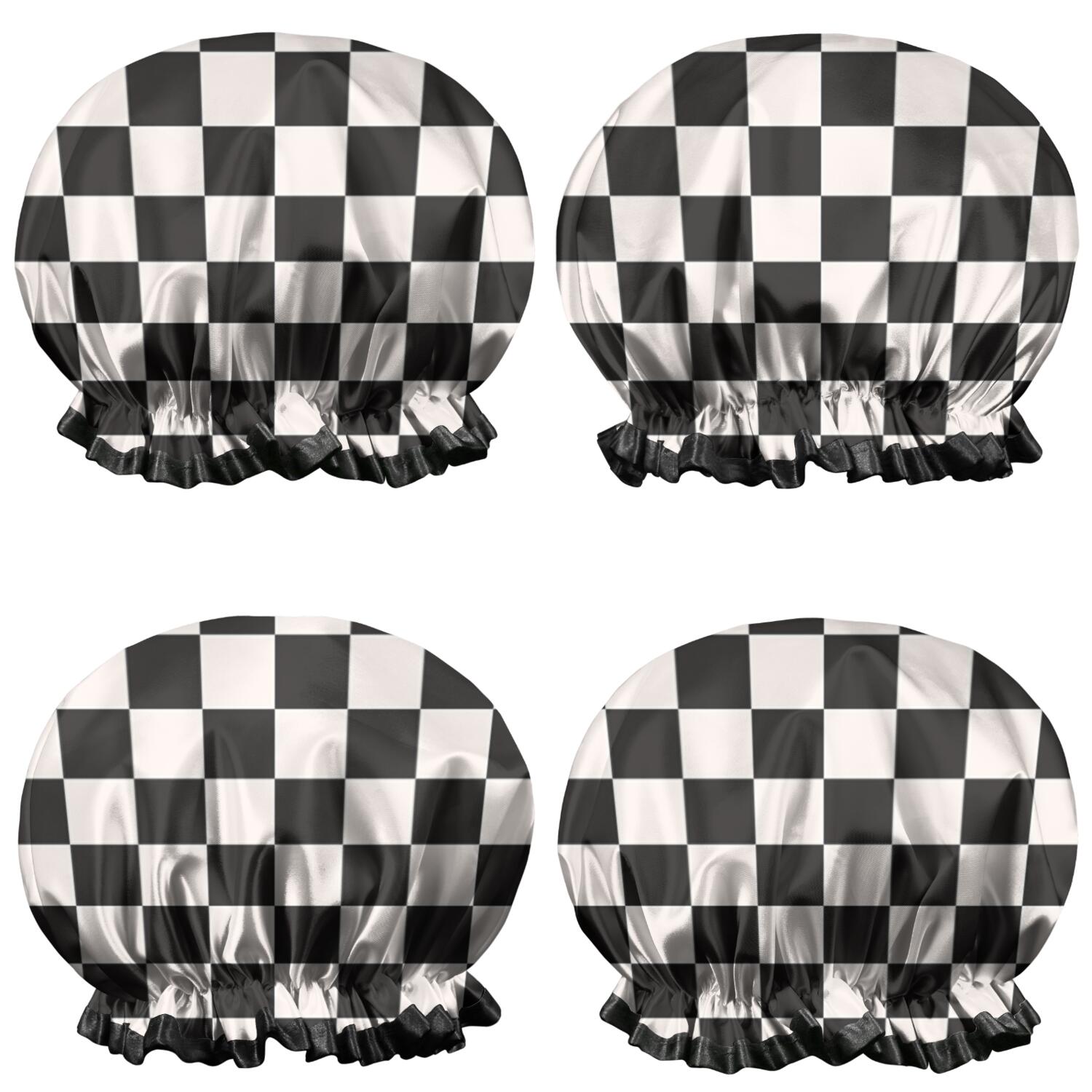 Shower Caps,Black and White Checkered Pattern Waterproof Shower Cap for Women 4 Pieces,Double Reusable Hair Cover for Shower PEVA Elastic Stretch Hem