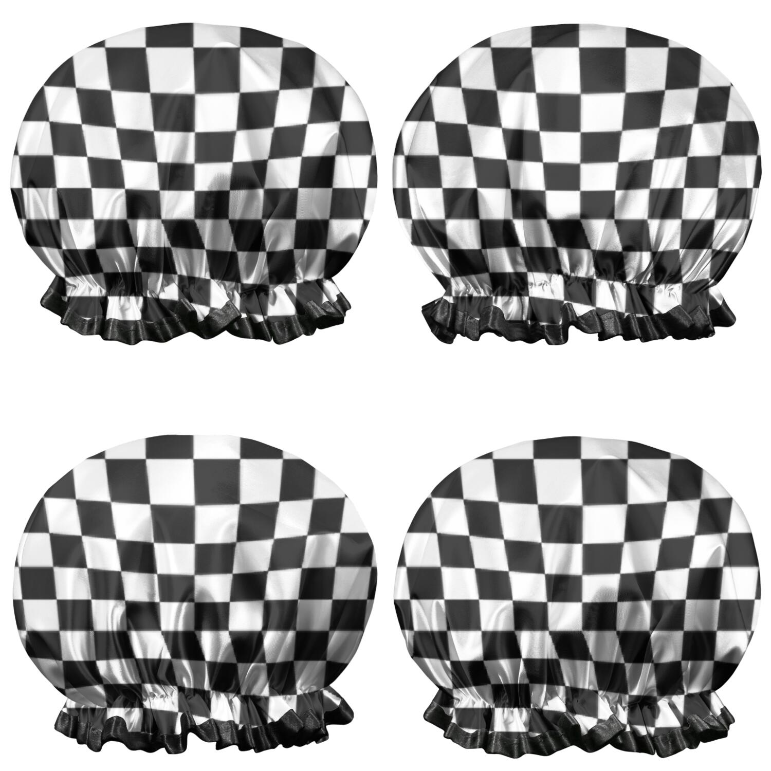 Shower Caps,Black and White Checkered Pattern Waterproof Shower Cap for Women 4 Pieces,Double Reusable Hair Cover for Shower PEVA Elastic Stretch Hem