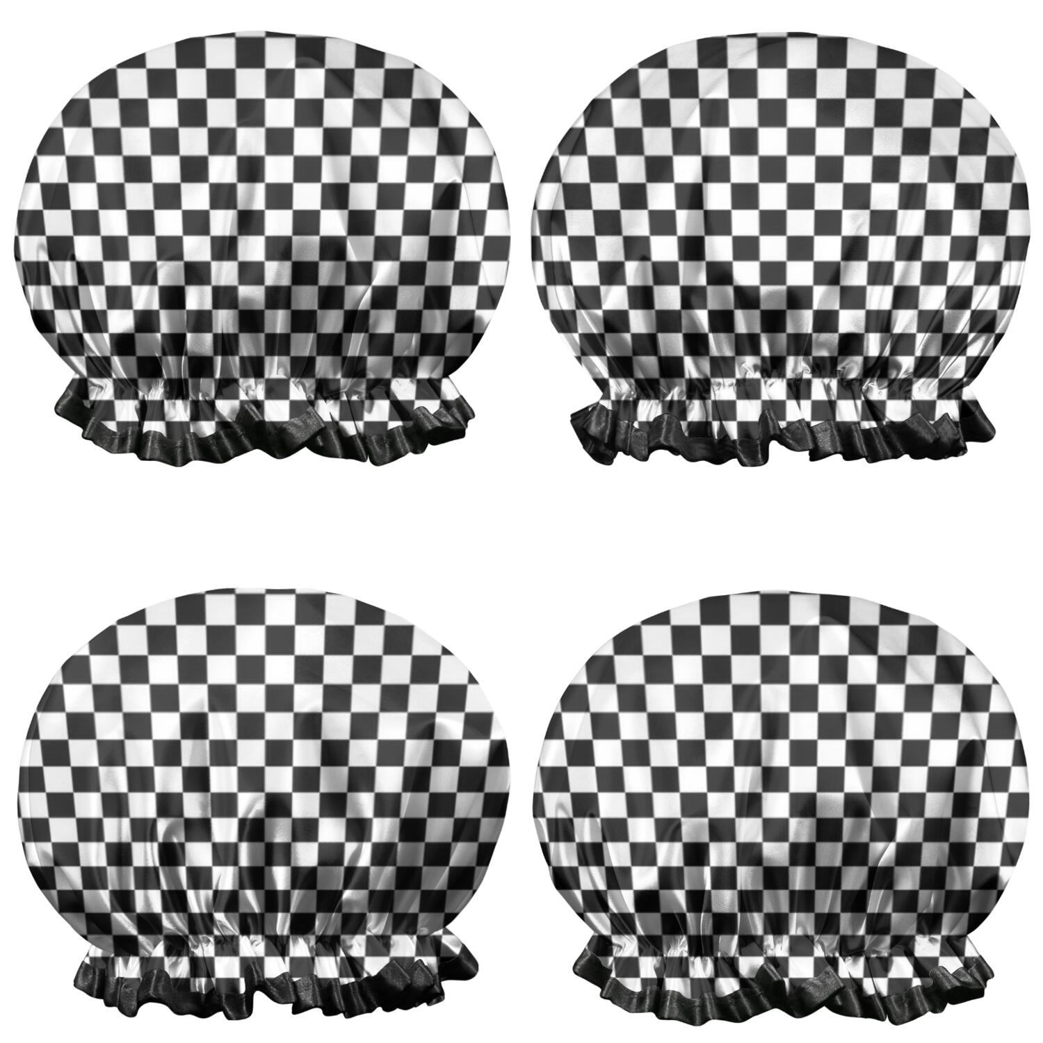 Shower Caps,Black and White Checkered Pattern Waterproof Shower Cap for Women 4 Pieces,Double Reusable Hair Cover for Shower PEVA Elastic Stretch Hem