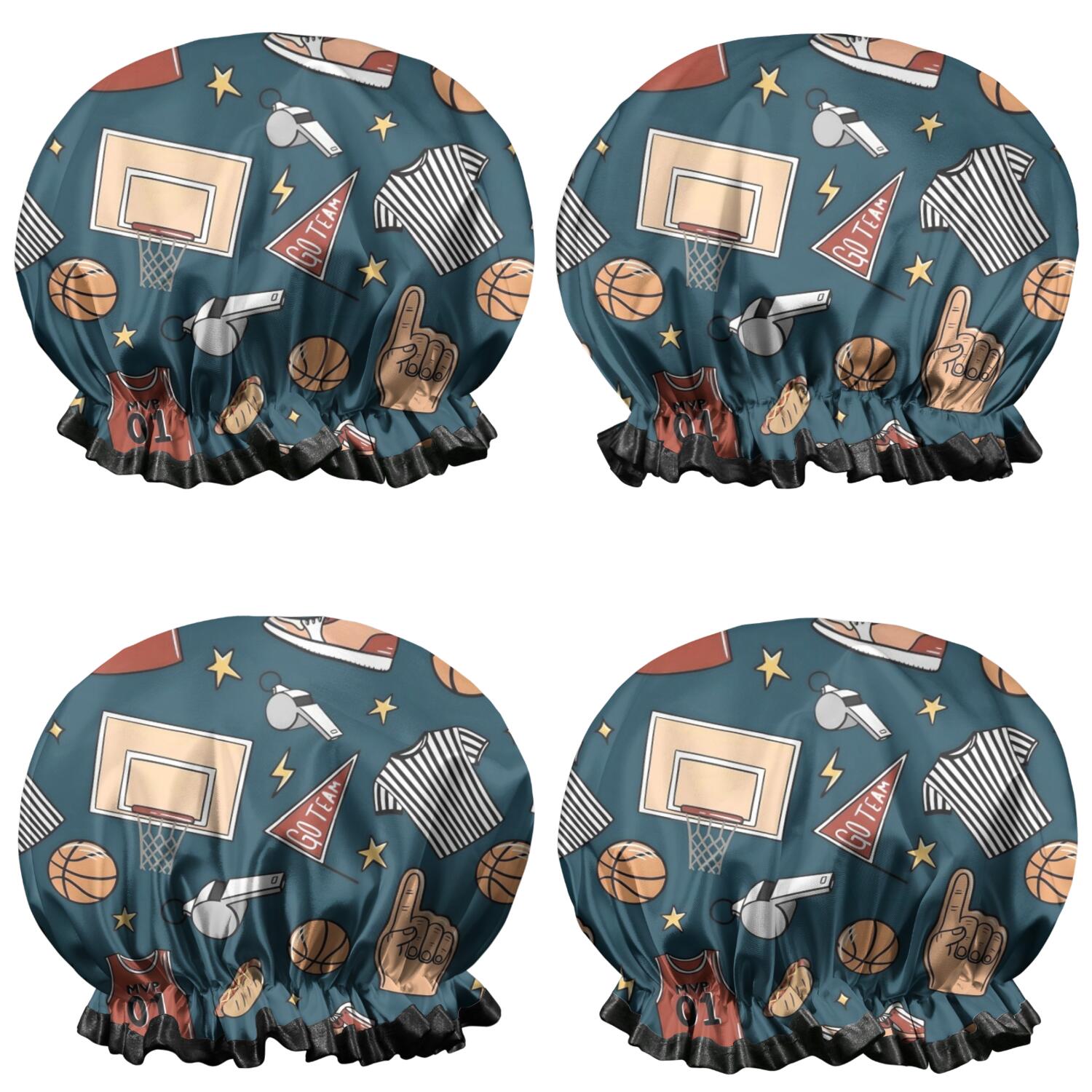 Shower Caps,Blue Basketball Related Items Pattern Waterproof Shower Cap for Women 4 Pieces,Double Reusable Hair Cover for Shower PEVA Elastic Stretch Hem