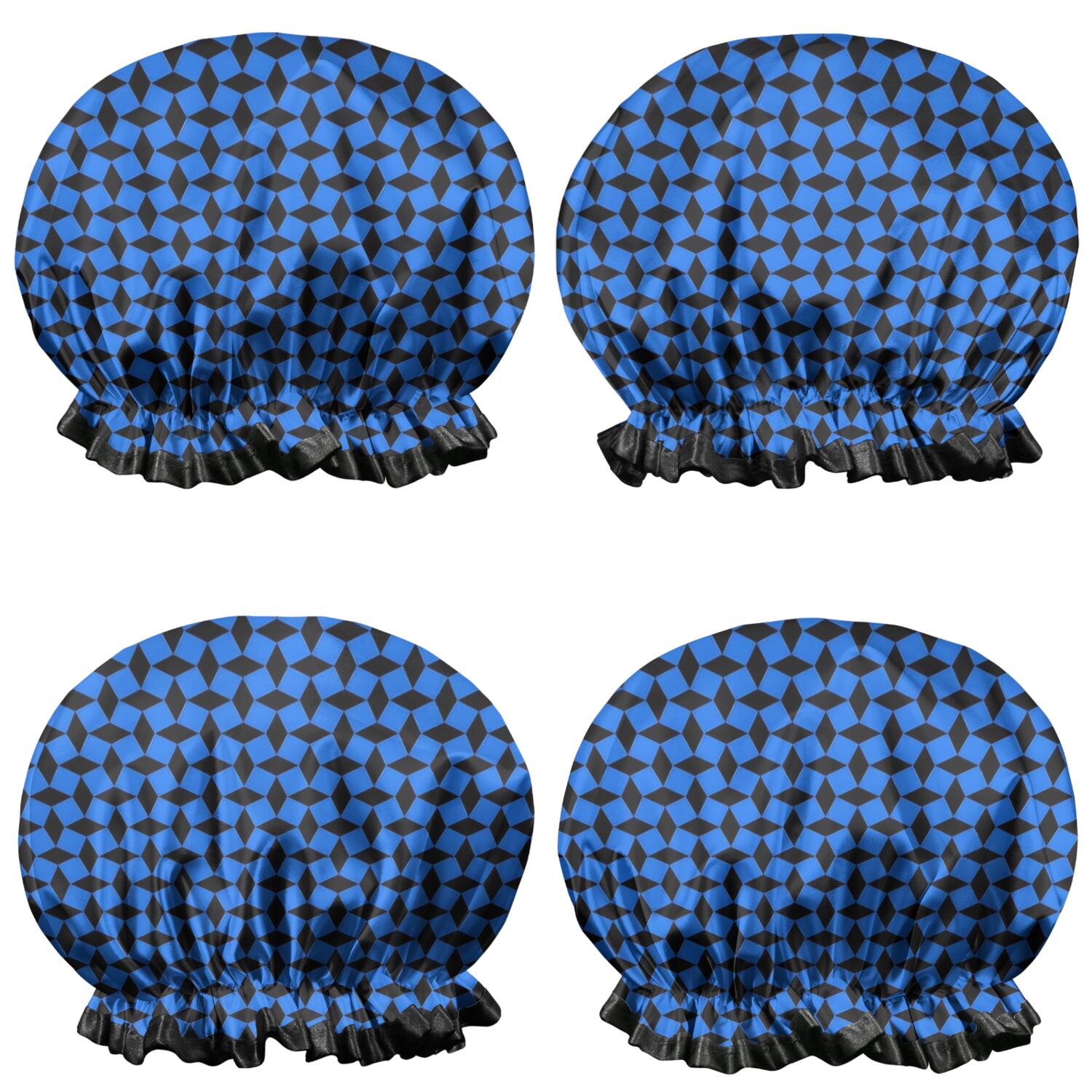 Shower Caps,Blue Black Geometric Pattern Waterproof Shower Cap for Women 4 Pieces,Double Reusable Hair Cover for Shower PEVA Elastic Stretch Hem