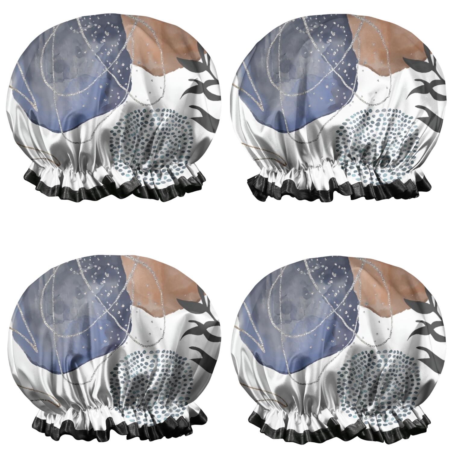 Shower Caps,Blue Boho Abstract and Plant Pattern Waterproof Shower Cap for Women 4 Pieces,Double Reusable Hair Cover for Shower PEVA Elastic Stretch Hem