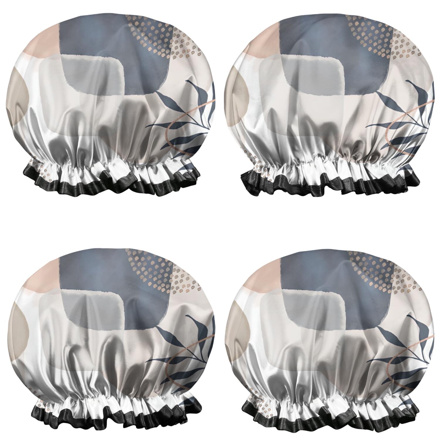 Shower Caps,Blue Boho Abstract and Plant Pattern Waterproof Shower Cap for Women 4 Pieces,Double Reusable Hair Cover for Shower PEVA Elastic Stretch Hem