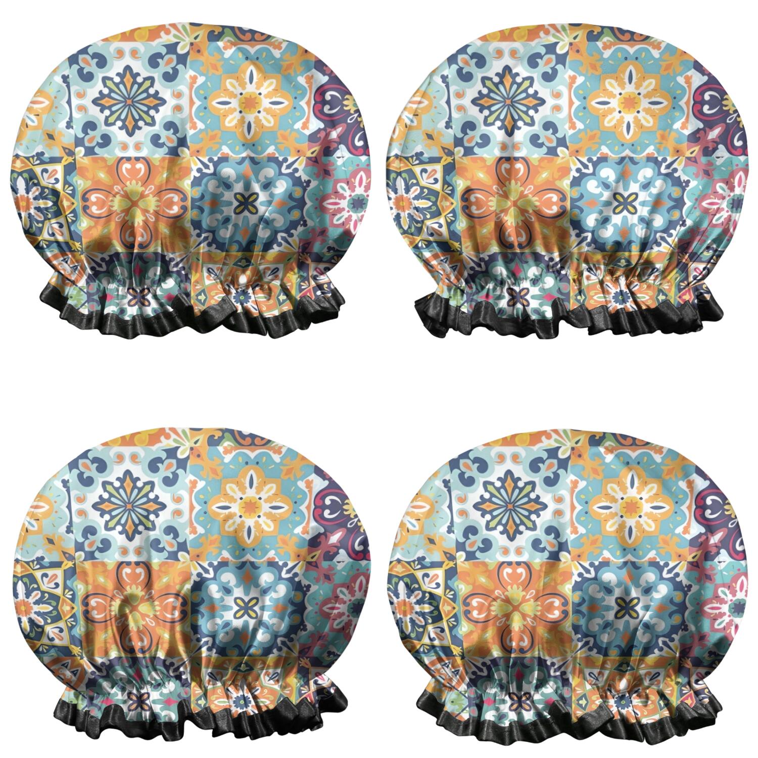 Shower Caps,Blue Boho Bohemia Floral Geometric Pattern Waterproof Shower Cap for Women 4 Pieces,Double Reusable Hair Cover for Shower PEVA Elastic Stretch Hem