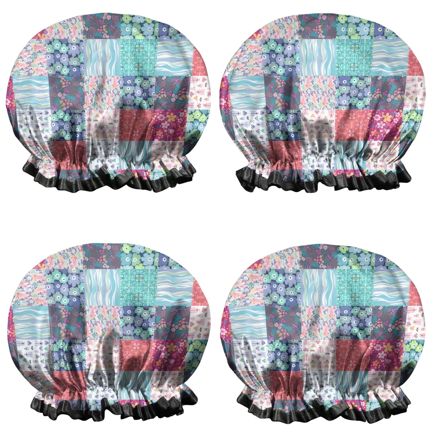 Shower Caps,Blue Boho Pioneer Flower Patchwork Pattern Waterproof Shower Cap for Women 4 Pieces,Double Reusable Hair Cover for Shower PEVA Elastic Stretch Hem