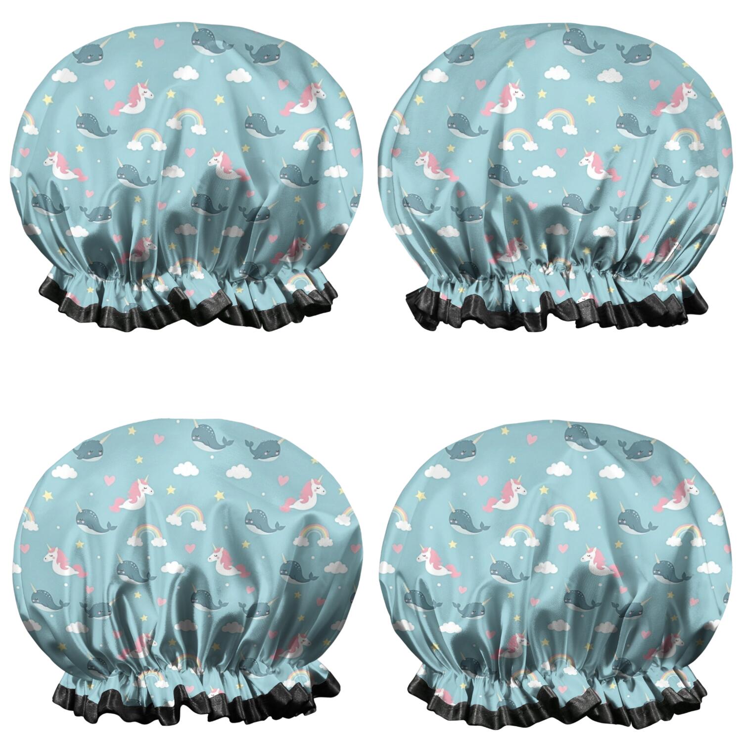 Shower Caps,Blue Cartoon Unicorn and Narwhal Rainbow Cloud Waterproof Shower Cap for Women 4 Pieces,Double Reusable Hair Cover for Shower PEVA Elastic Stretch Hem
