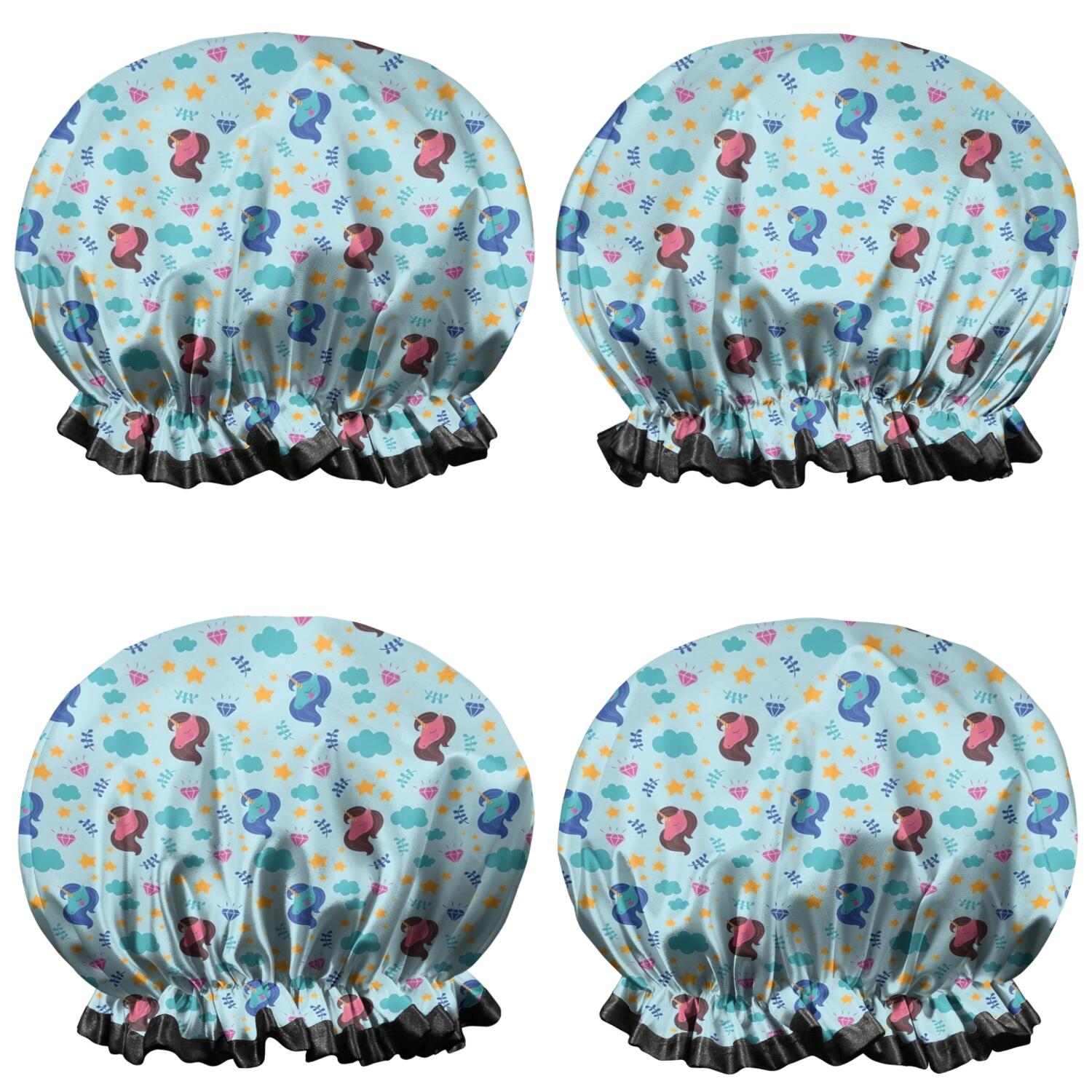 Shower Caps,Blue Cartoon Unicorn Star Cloud Pattern Waterproof Shower Cap for Women 4 Pieces,Double Reusable Hair Cover for Shower PEVA Elastic Stretch Hem