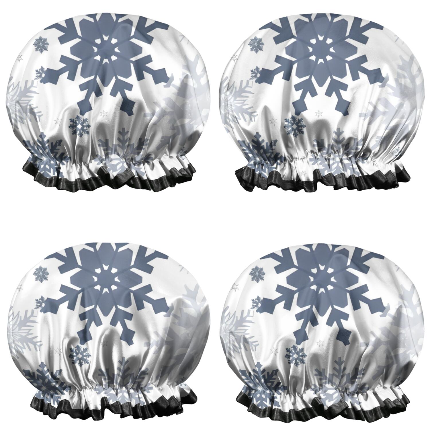 Shower Caps,Blue Christmas Snowflake Pattern Waterproof Shower Cap for Women 4 Pieces,Double Reusable Hair Cover for Shower PEVA Elastic Stretch Hem