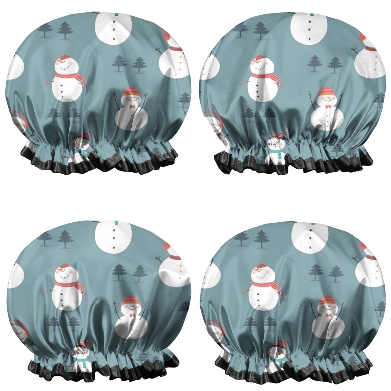 Shower Caps,Blue Christmas Snowman Pattern Waterproof Shower Cap for Women 4 Pieces,Double Reusable Hair Cover for Shower PEVA Elastic Stretch Hem