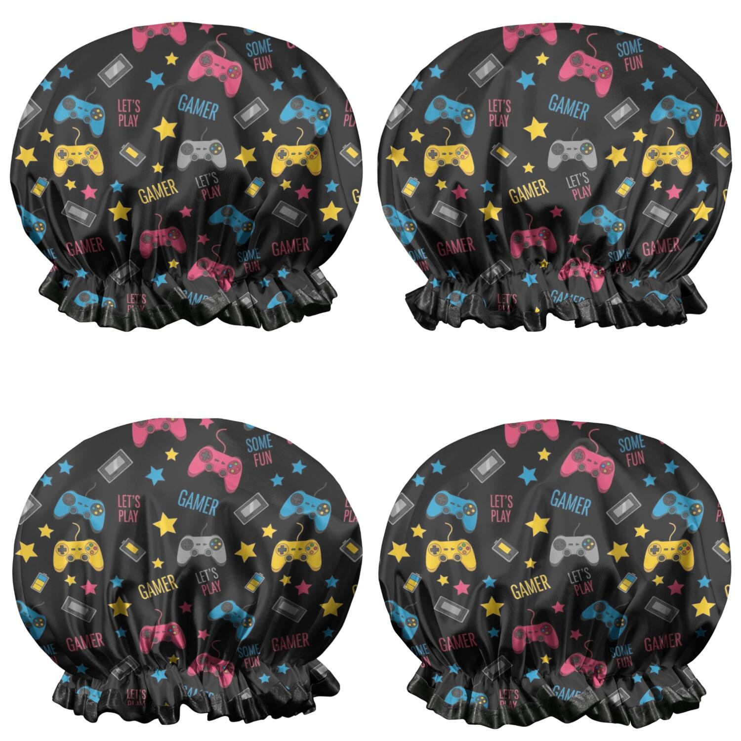 Shower Caps,Blue Controllers Games Icons Black Pattern Waterproof Shower Cap for Women 4 Pieces,Double Reusable Hair Cover for Shower PEVA Elastic Stretch Hem