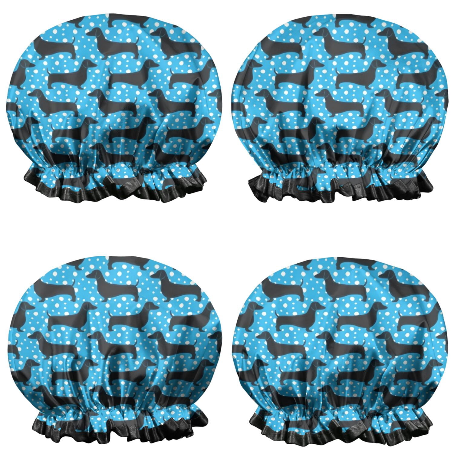 Shower Caps,Blue Dachshunds Dog Waterproof Shower Cap for Women 4 Pieces,Double Reusable Hair Cover for Shower PEVA Elastic Stretch Hem
