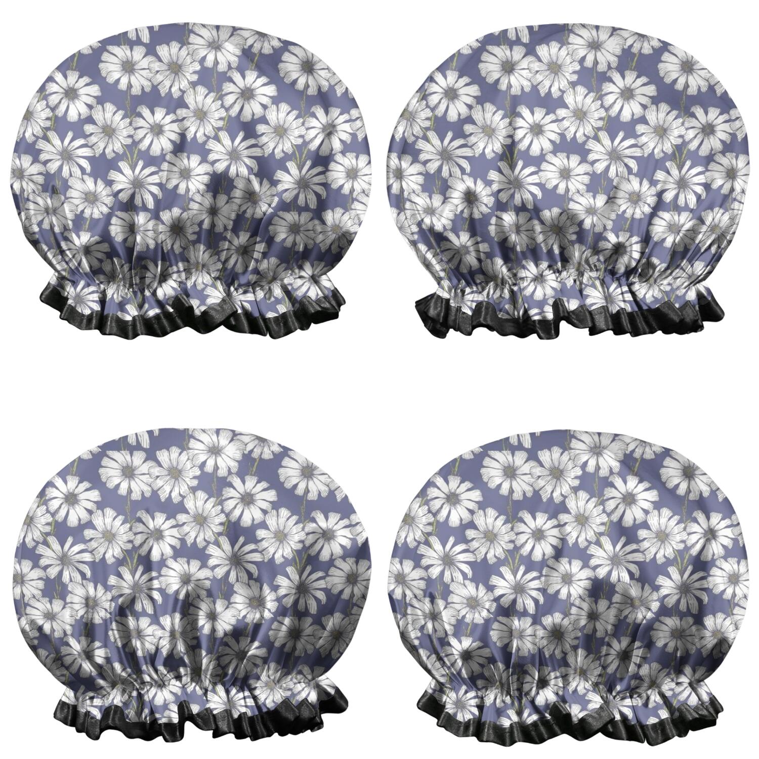 Shower Caps,Blue Daisy Flower Floral Pattern Waterproof Shower Cap for Women 4 Pieces,Double Reusable Hair Cover for Shower PEVA Elastic Stretch Hem