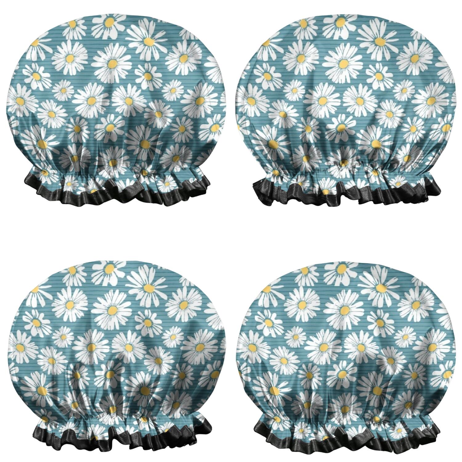 Shower Caps,Blue Daisy Flower Floral Pattern Waterproof Shower Cap for Women 4 Pieces,Double Reusable Hair Cover for Shower PEVA Elastic Stretch Hem