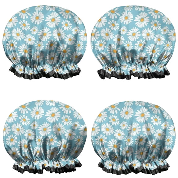 Shower Caps,Blue Daisy Flower Pattern Waterproof Shower Cap for Women 4 Pieces,Double Reusable Hair Cover for Shower PEVA Elastic Stretch Hem