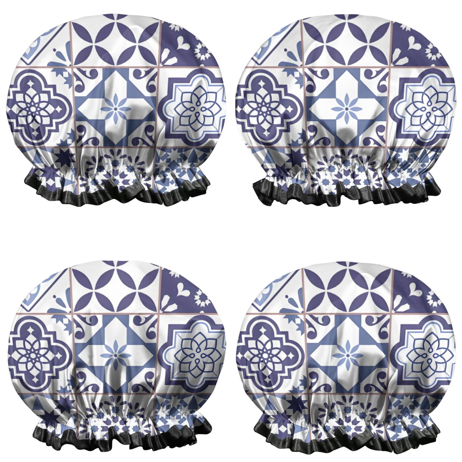 Shower Caps,Blue Ethnic Geometric Patchwork Pattern Waterproof Shower Cap for Women 4 Pieces,Double Reusable Hair Cover for Shower PEVA Elastic Stretch Hem