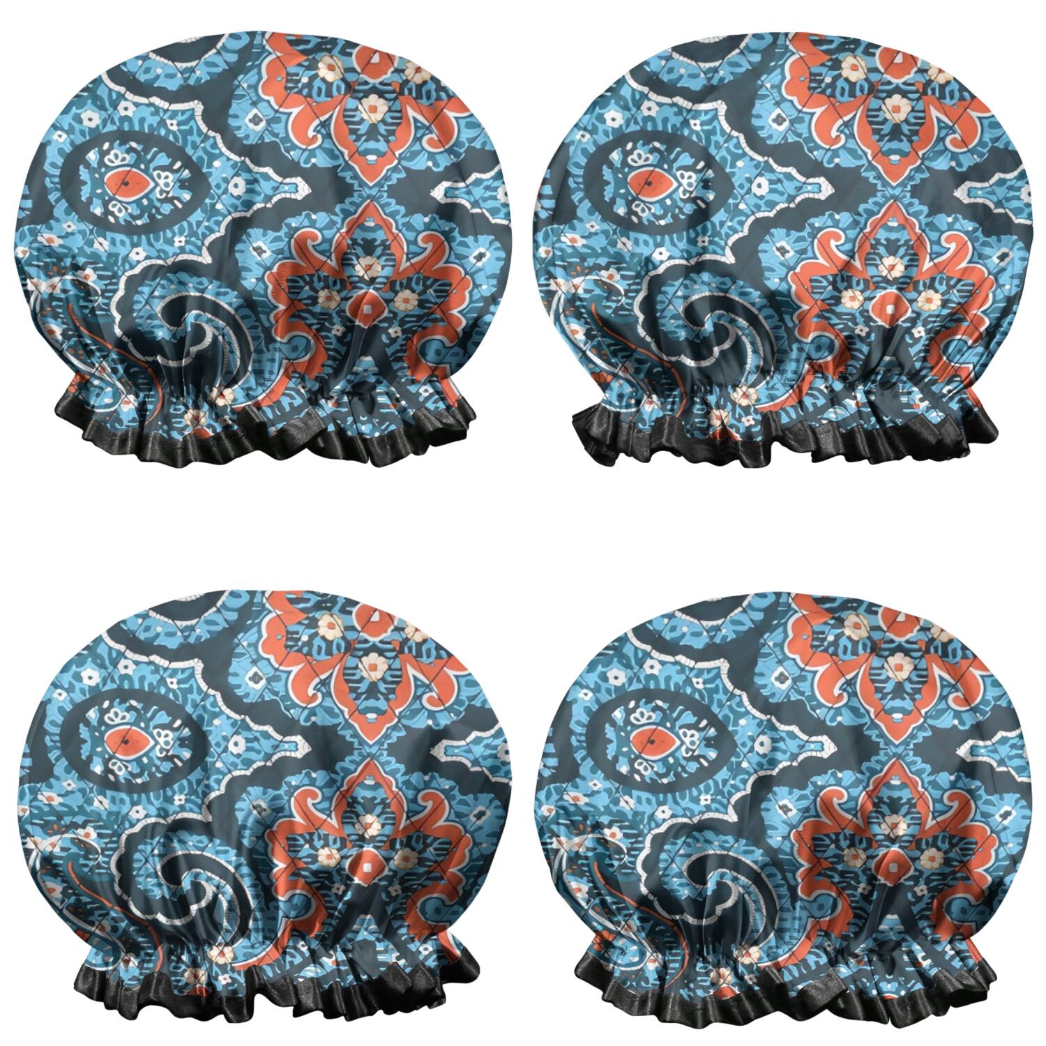 Shower Caps,Blue Ethnic Paisley Pattern Waterproof Shower Cap for Women 4 Pieces,Double Reusable Hair Cover for Shower PEVA Elastic Stretch Hem