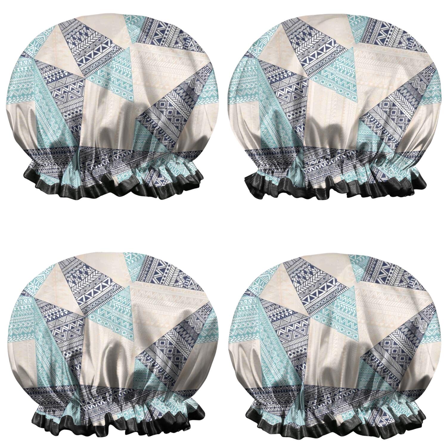 Shower Caps,Blue Ethnic Triangle and Geometric Pattern Waterproof Shower Cap for Women 4 Pieces,Double Reusable Hair Cover for Shower PEVA Elastic Stretch Hem