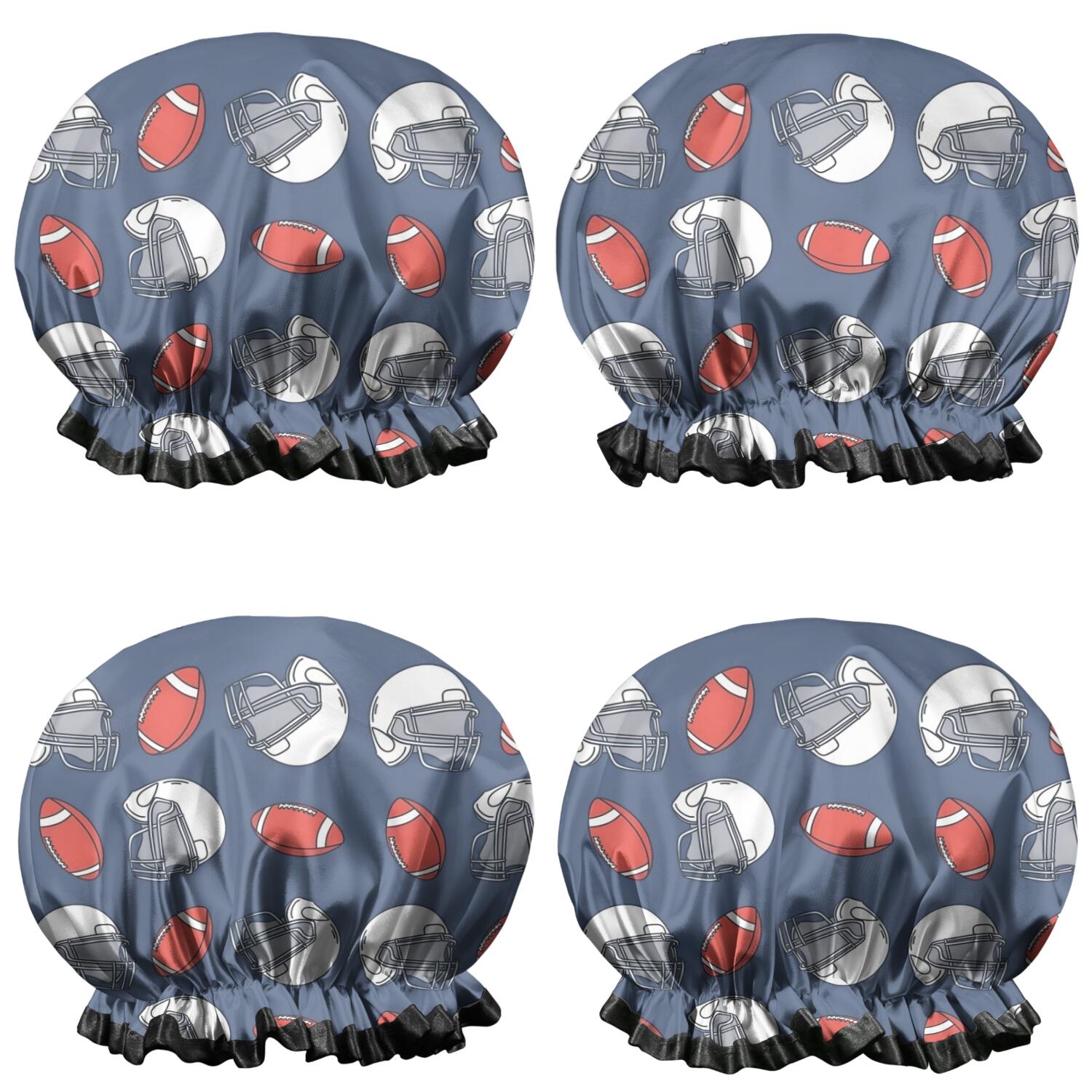 Shower Caps,Blue Football Helmets and Balls Pattern Waterproof Shower Cap for Women 4 Pieces,Double Reusable Hair Cover for Shower PEVA Elastic Stretch Hem