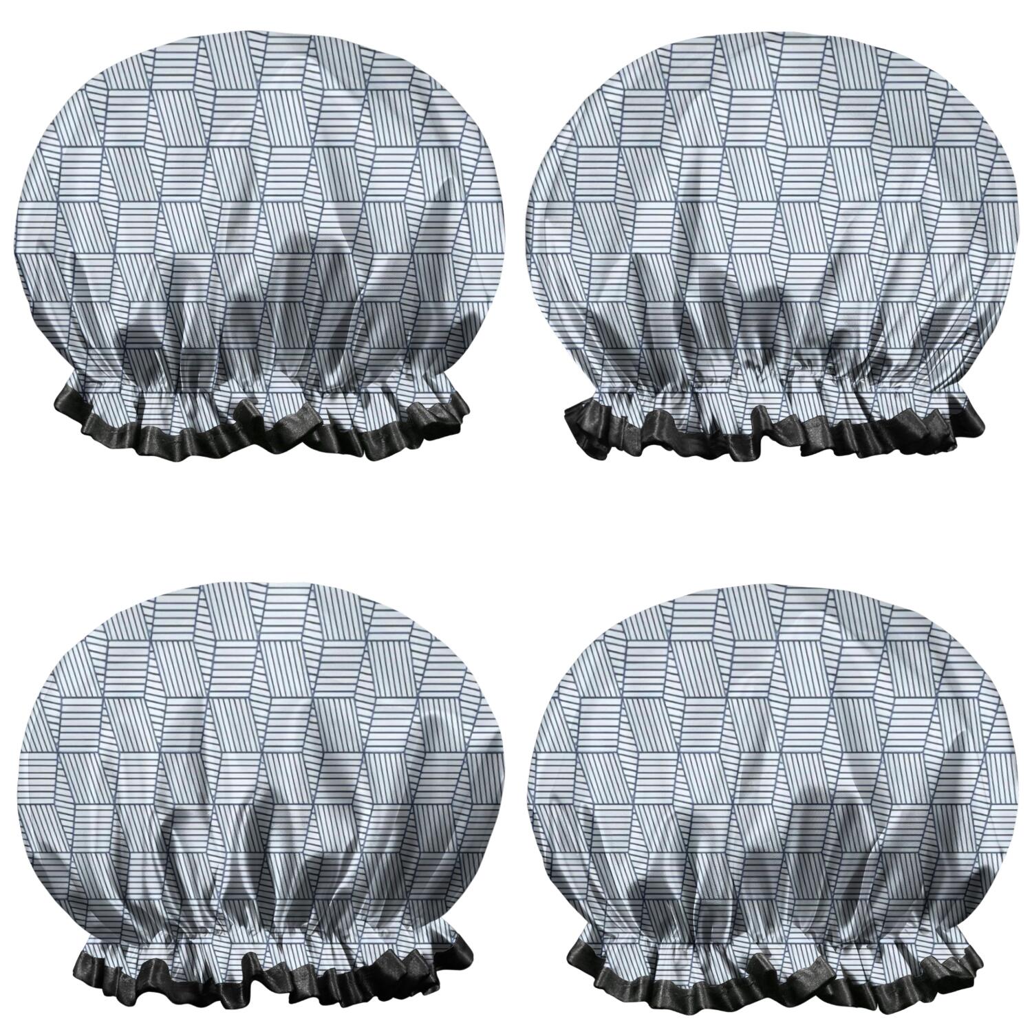 Shower Caps,Blue Geometric Striped Pattern Waterproof Shower Cap for Women 4 Pieces,Double Reusable Hair Cover for Shower PEVA Elastic Stretch Hem