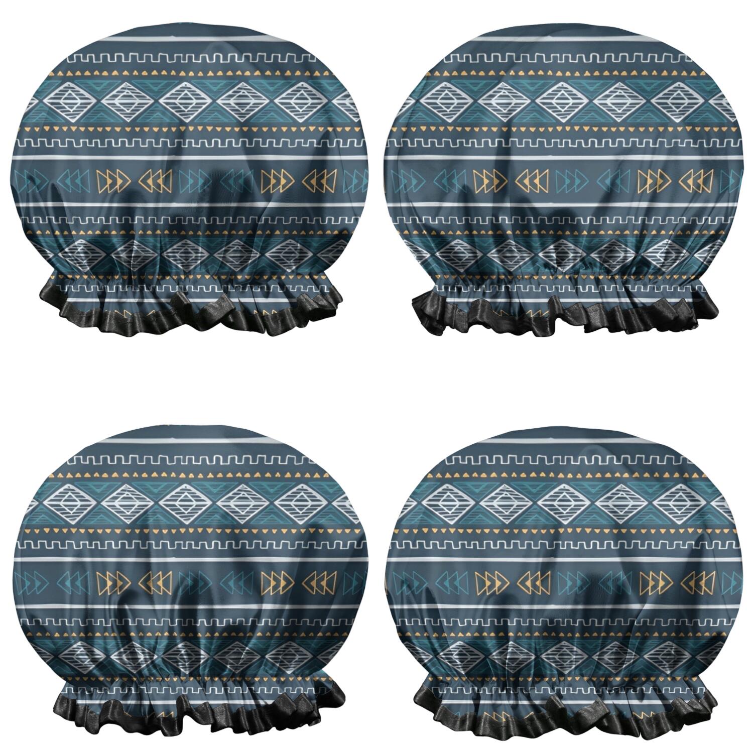 Shower Caps,Blue Geometric Striped Pattern Waterproof Shower Cap for Women 4 Pieces,Double Reusable Hair Cover for Shower PEVA Elastic Stretch Hem