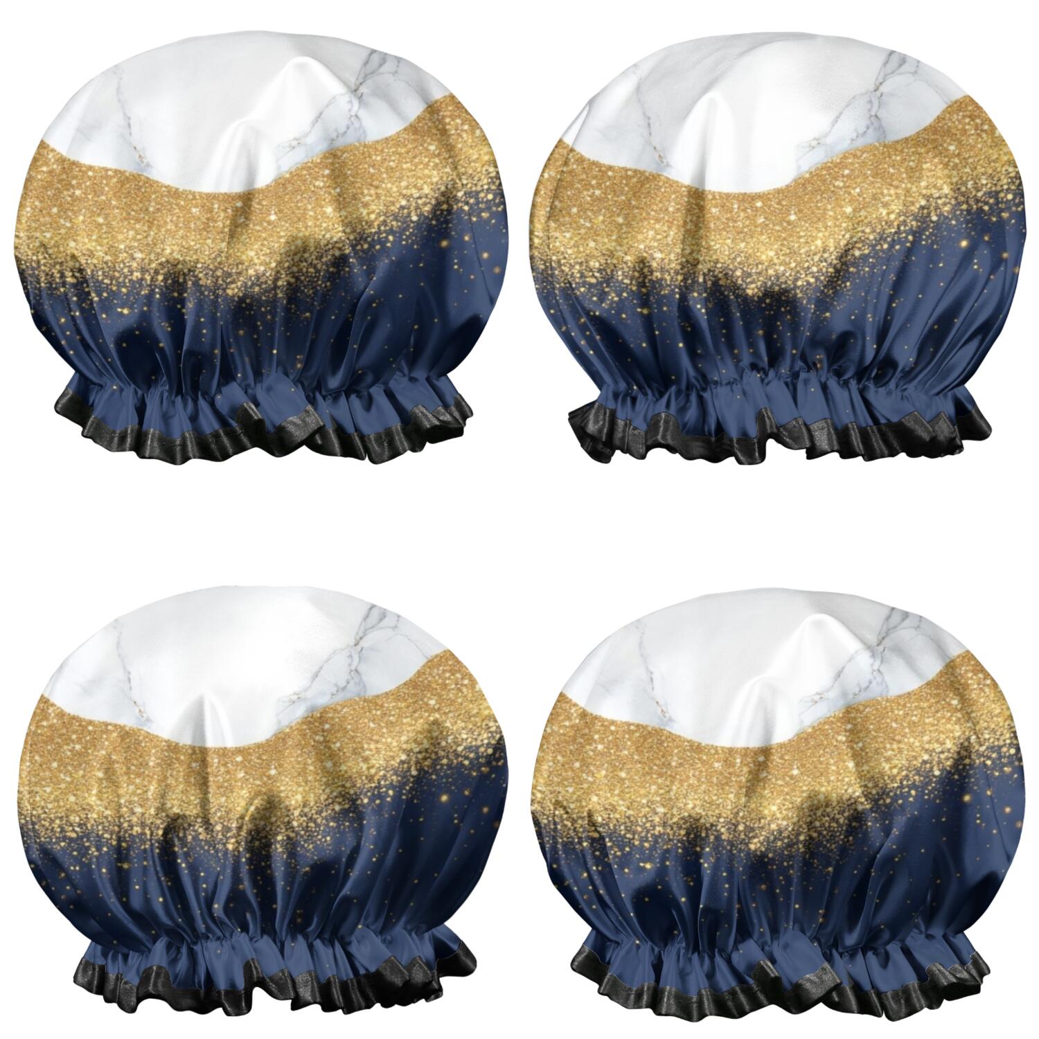 Shower Caps,Blue and Gold Marble Glitter Waves Pattern Waterproof Shower Cap for Women 4 Pieces,Double Reusable Hair Cover for Shower PEVA Elastic Stretch Hem