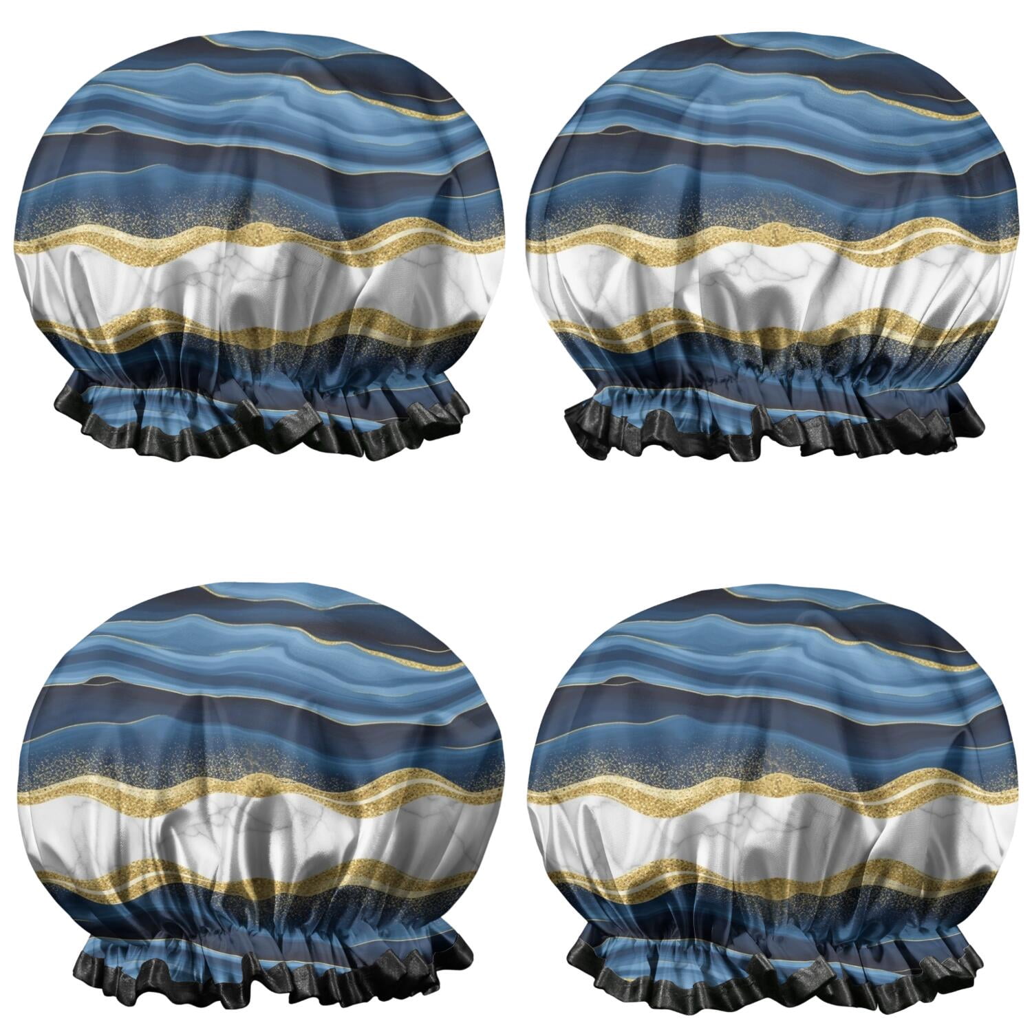 Shower Caps,Blue Gold Wave Marble Pattern Waterproof Shower Cap for Women 4 Pieces,Double Reusable Hair Cover for Shower PEVA Elastic Stretch Hem