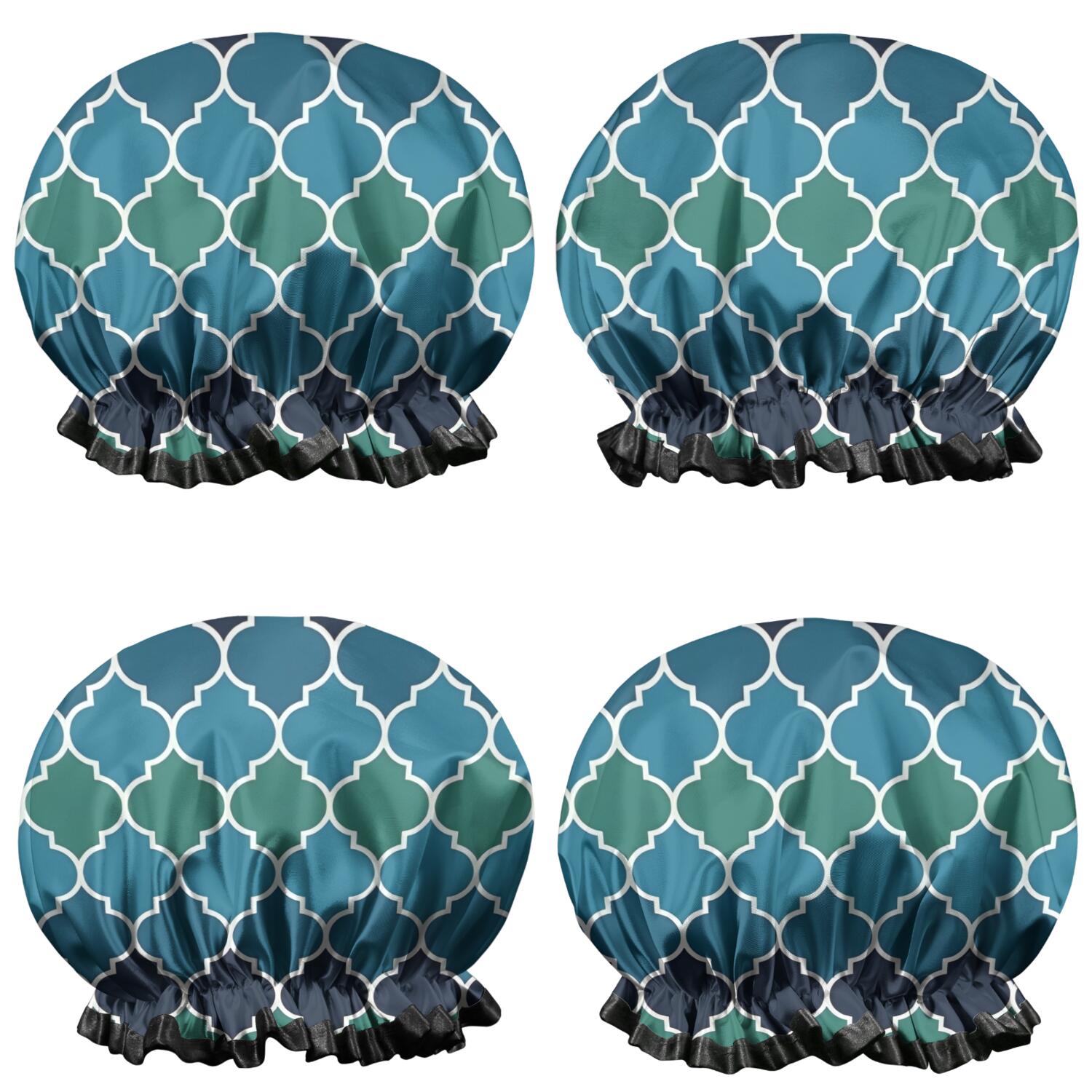 Shower Caps,Blue Green Checkered Pattern Waterproof Shower Cap for Women 4 Pieces,Double Reusable Hair Cover for Shower PEVA Elastic Stretch Hem