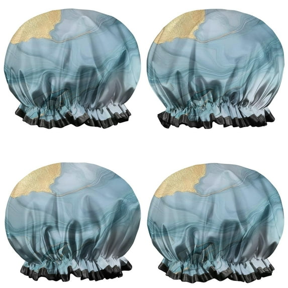 Shower Caps,Blue Marble Gold Pattern Waterproof Shower Cap for Women 4 Pieces,Double Reusable Hair Cover for Shower PEVA Elastic Stretch Hem