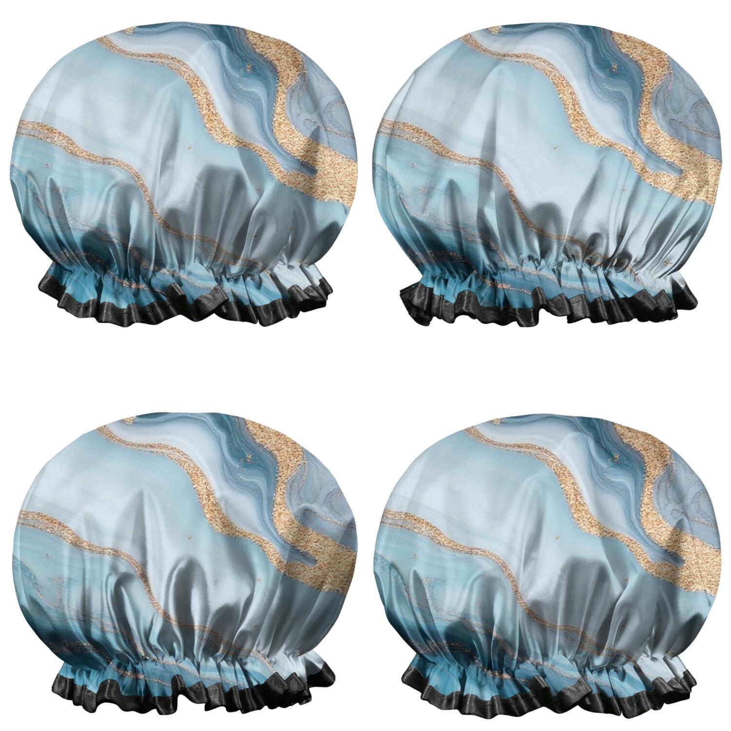 Shower Caps,Blue Marble Gold Wave Pattern Waterproof Shower Cap for Women 4 Pieces,Double Reusable Hair Cover for Shower PEVA Elastic Stretch Hem