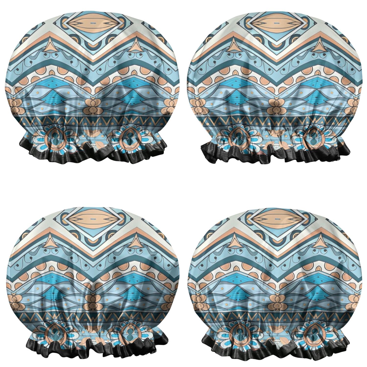 Shower Caps,Blue and Orange Floral Boho Pattern Waterproof Shower Cap for Women 4 Pieces,Double Reusable Hair Cover for Shower PEVA Elastic Stretch Hem