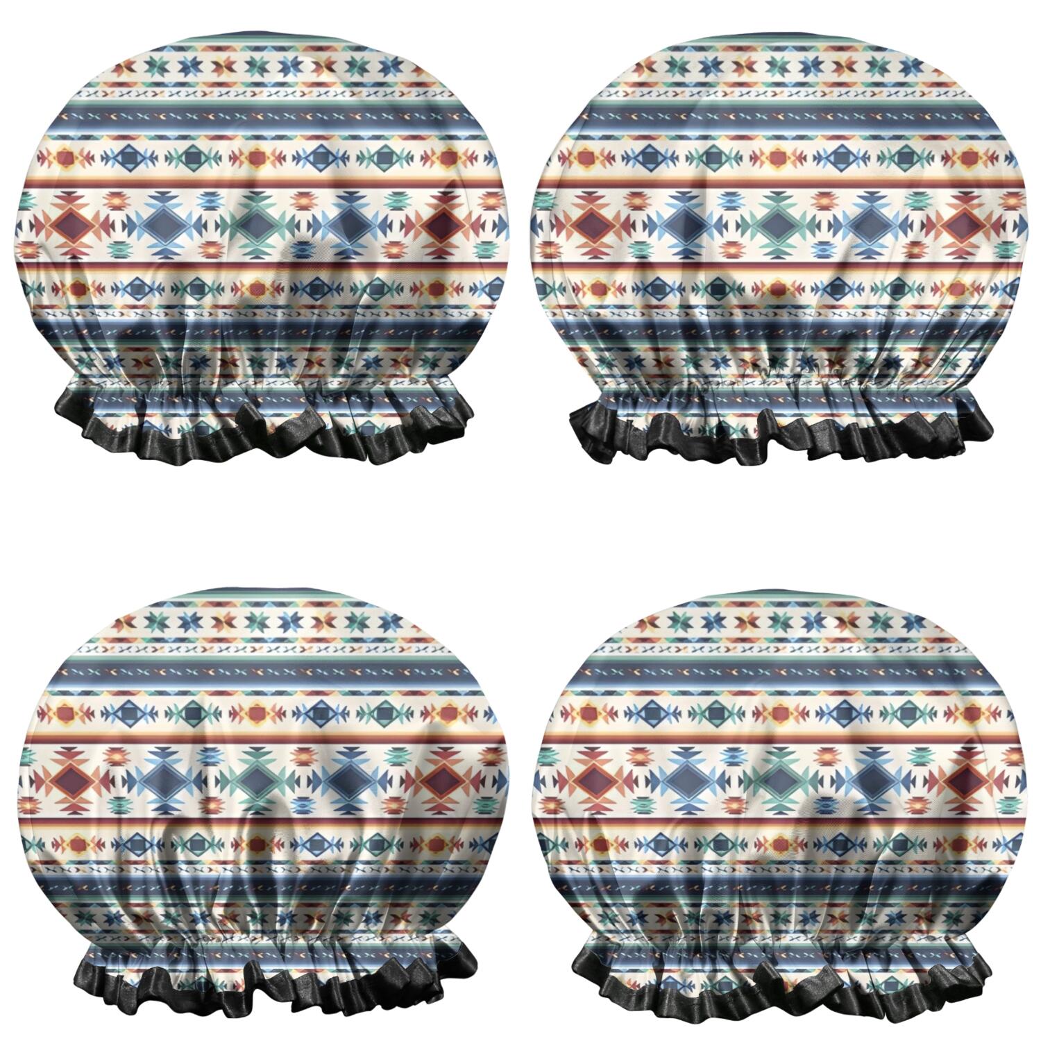 Shower Caps,Blue and Orange Geometric Boho Pattern Waterproof Shower Cap for Women 4 Pieces,Double Reusable Hair Cover for Shower PEVA Elastic Stretch Hem