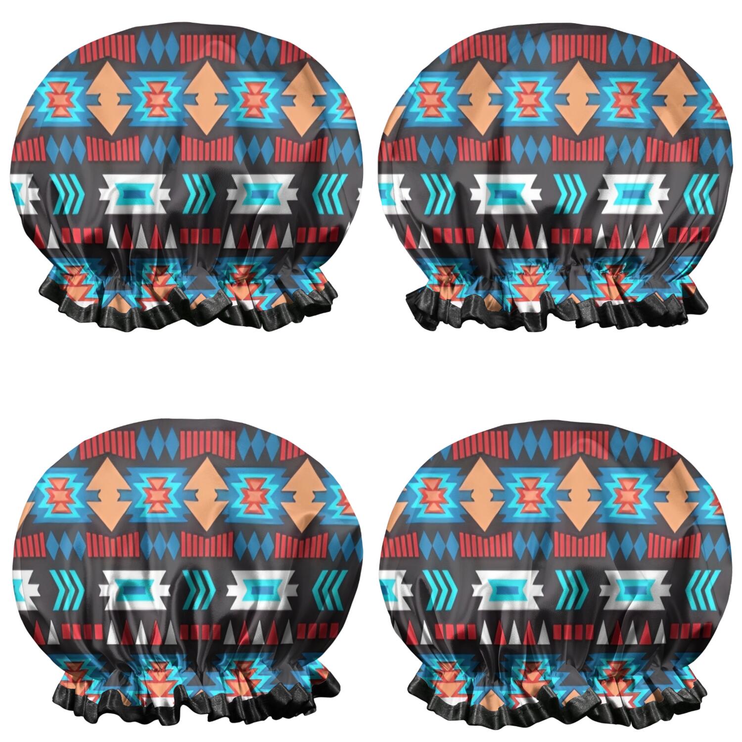 Shower Caps,Blue and Orange Geometric Boho Pattern Waterproof Shower Cap for Women 4 Pieces,Double Reusable Hair Cover for Shower PEVA Elastic Stretch Hem