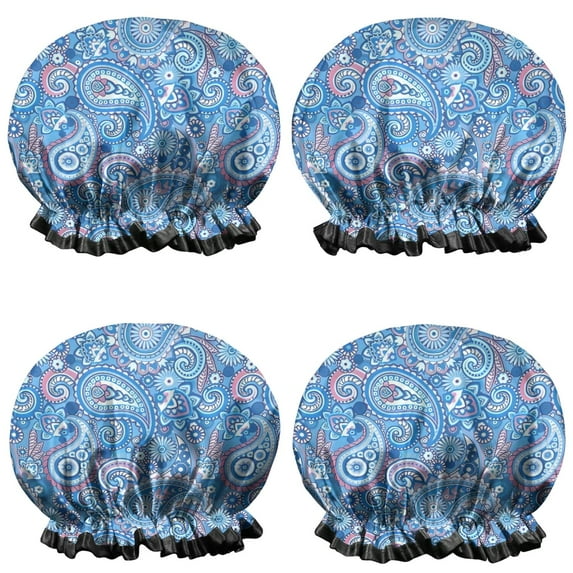 Shower Caps,Blue Paisley Pattern Waterproof Shower Cap for Women 4 Pieces,Double Reusable Hair Cover for Shower PEVA Elastic Stretch Hem