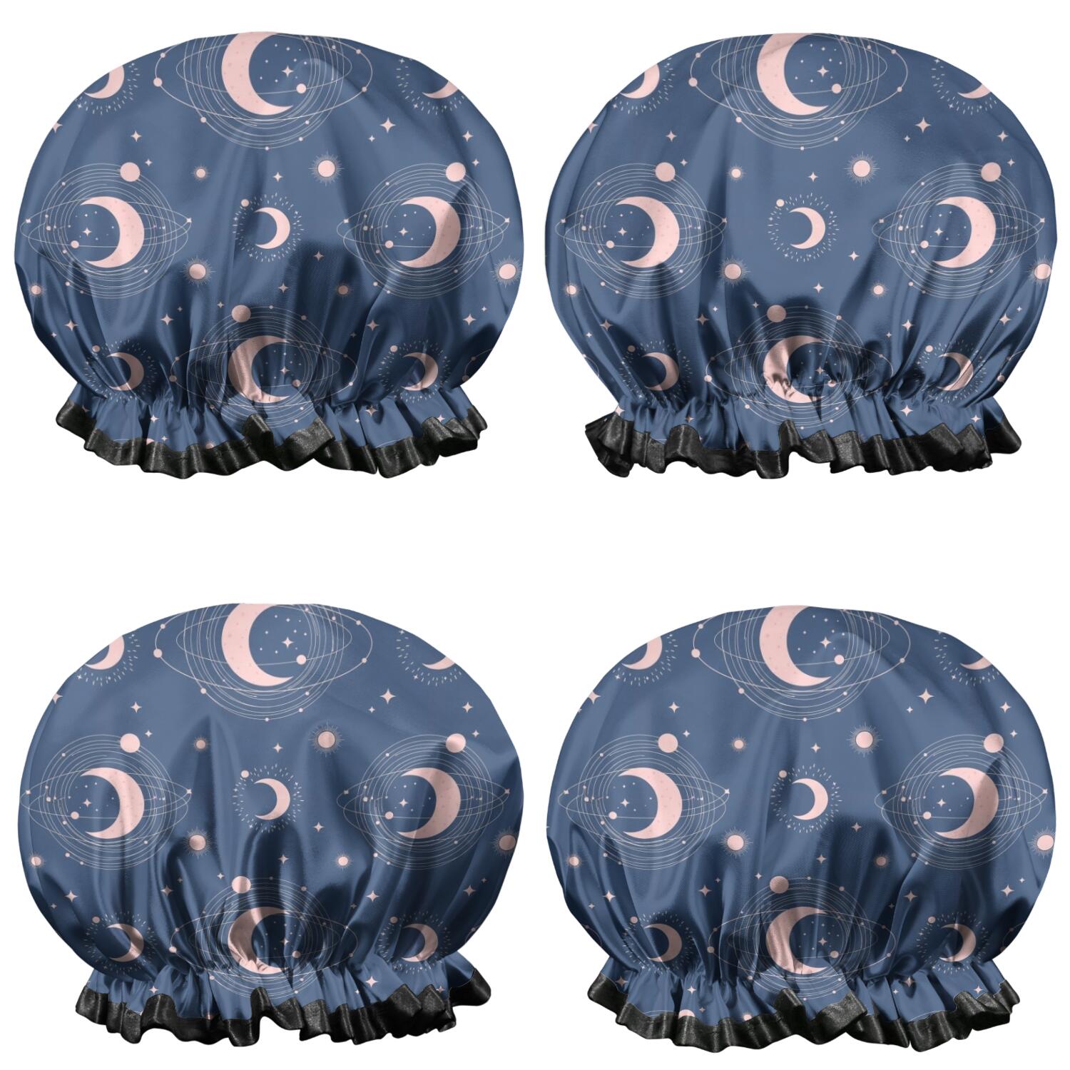 Shower Caps,Blue Pink Moon Star Planet Pattern Waterproof Shower Cap for Women 4 Pieces,Double Reusable Hair Cover for Shower PEVA Elastic Stretch Hem
