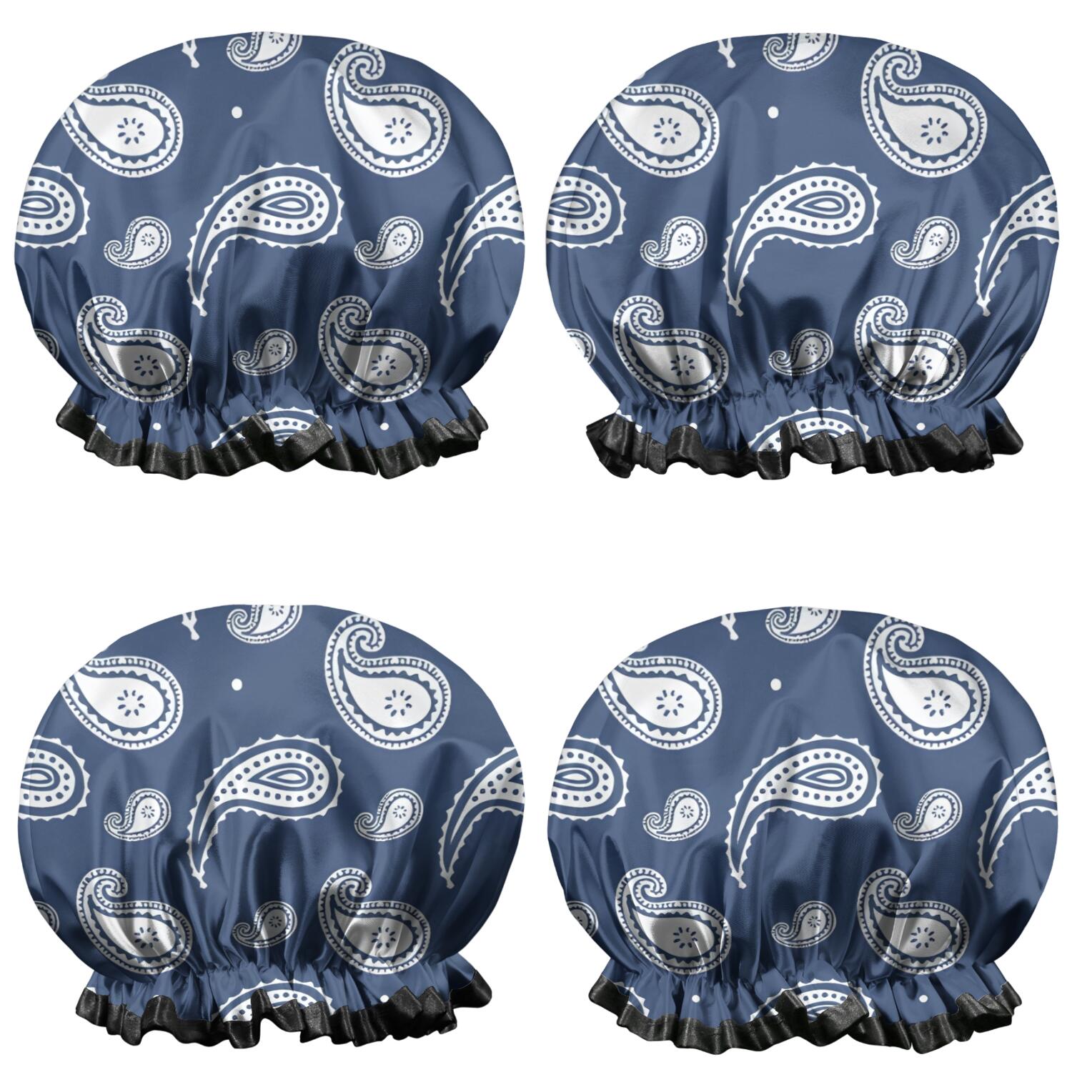 Shower Caps,Blue Pioneer Flower and Paisley Pattern Waterproof Shower Cap for Women 4 Pieces,Double Reusable Hair Cover for Shower PEVA Elastic Stretch Hem