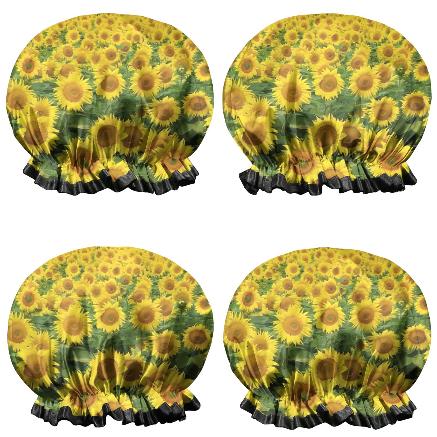 Shower Caps,Blue Sky Sunflower Field Pattern Waterproof Shower Cap for Women 4 Pieces,Double Reusable Hair Cover for Shower PEVA Elastic Stretch Hem