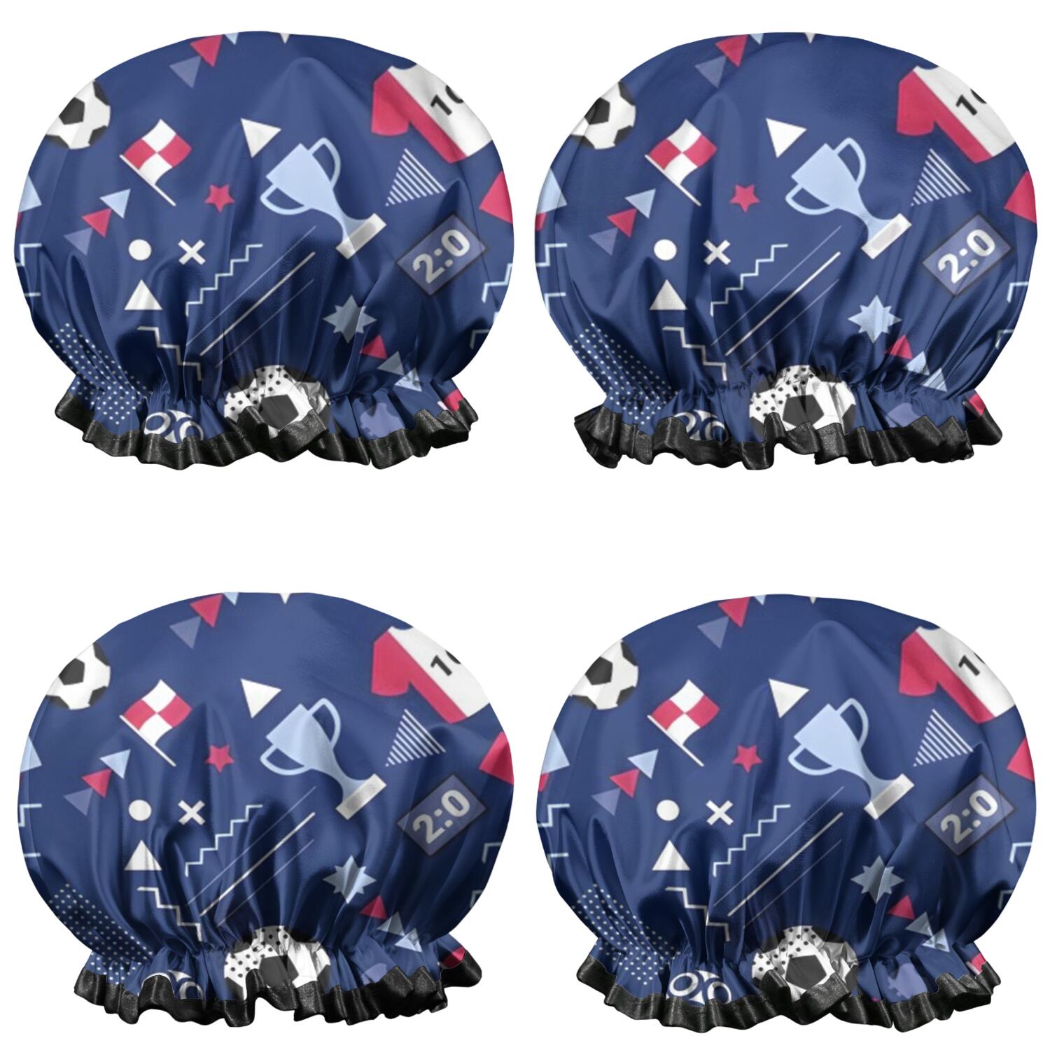 Shower Caps,Blue Soccer Elements Pattern Waterproof Shower Cap for Women 4 Pieces,Double Reusable Hair Cover for Shower PEVA Elastic Stretch Hem