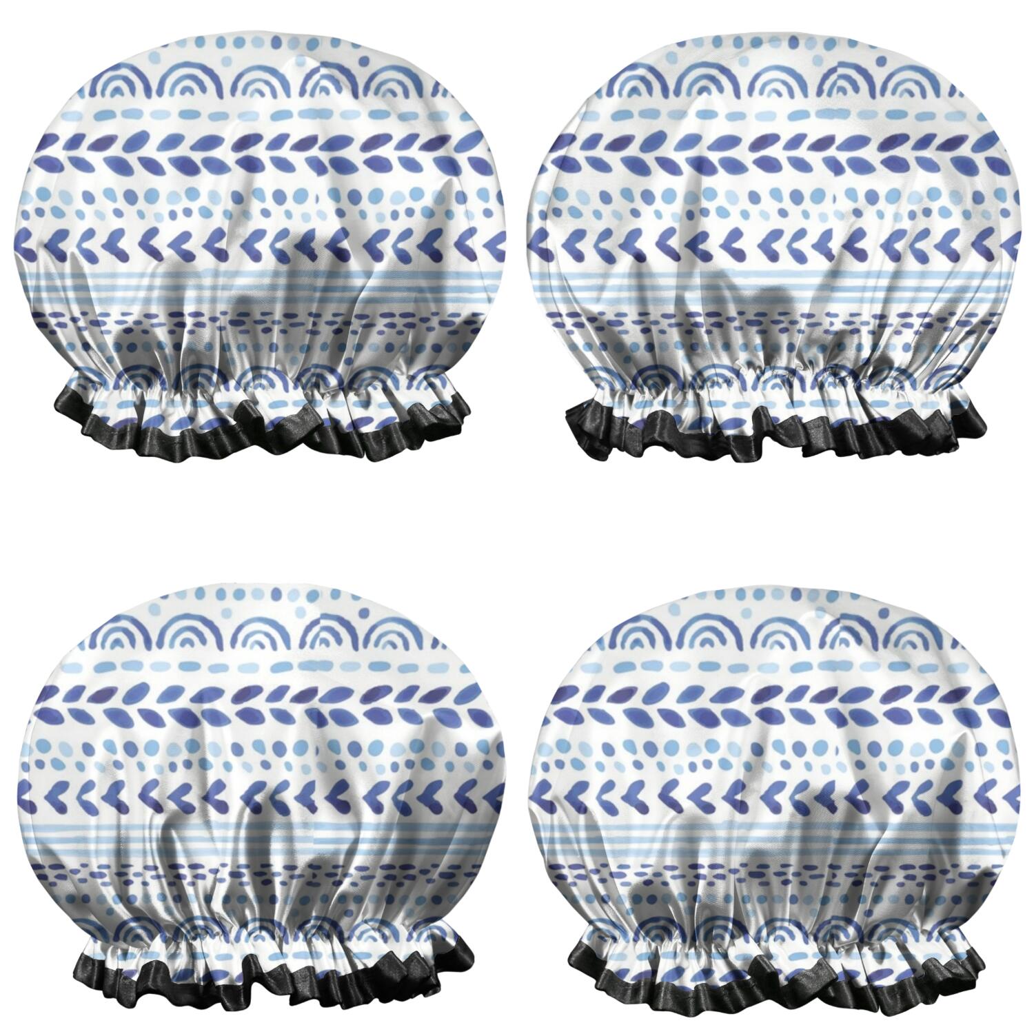Shower Caps,Blue Striped Geometric Pattern Waterproof Shower Cap for Women 4 Pieces,Double Reusable Hair Cover for Shower PEVA Elastic Stretch Hem