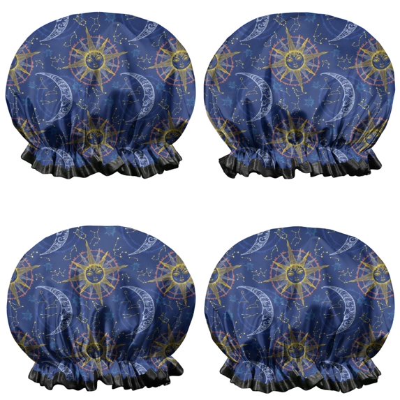 Shower Caps,Blue Sun Moon Constellation Pattern Waterproof Shower Cap for Women 4 Pieces,Double Reusable Hair Cover for Shower PEVA Elastic Stretch Hem