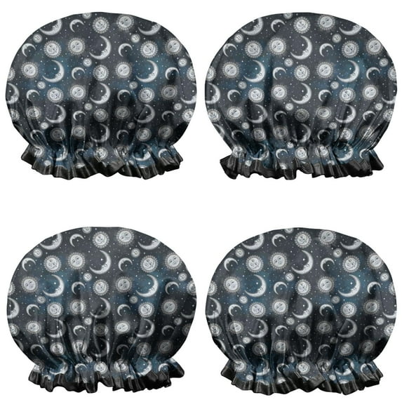 Shower Caps,Blue Sun Moon Pattern Waterproof Shower Cap for Women 4 Pieces,Double Reusable Hair Cover for Shower PEVA Elastic Stretch Hem