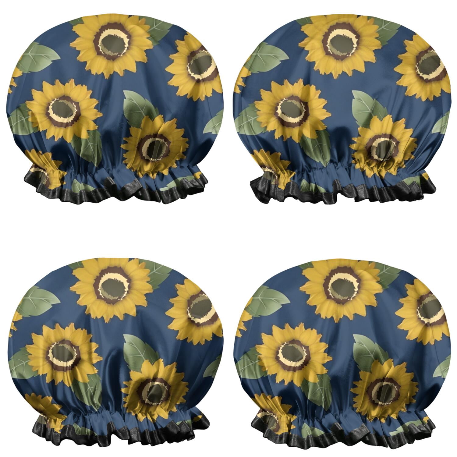 Shower Caps,Blue Sunflower Leaf Pattern Waterproof Shower Cap for Women 4 Pieces,Double Reusable Hair Cover for Shower PEVA Elastic Stretch Hem