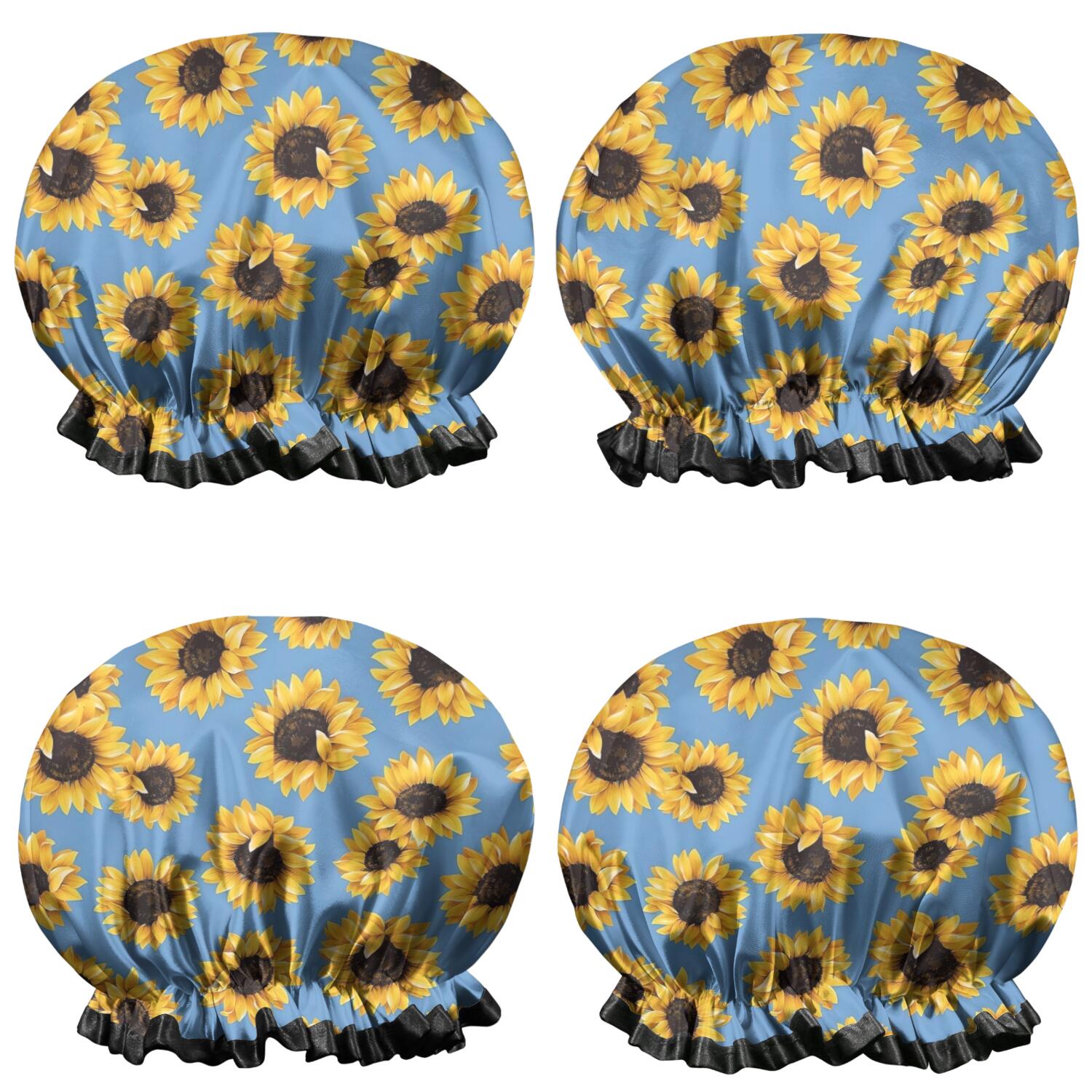 Shower Caps,Blue Sunflower Pattern Waterproof Shower Cap for Women 4 Pieces,Double Reusable Hair Cover for Shower PEVA Elastic Stretch Hem