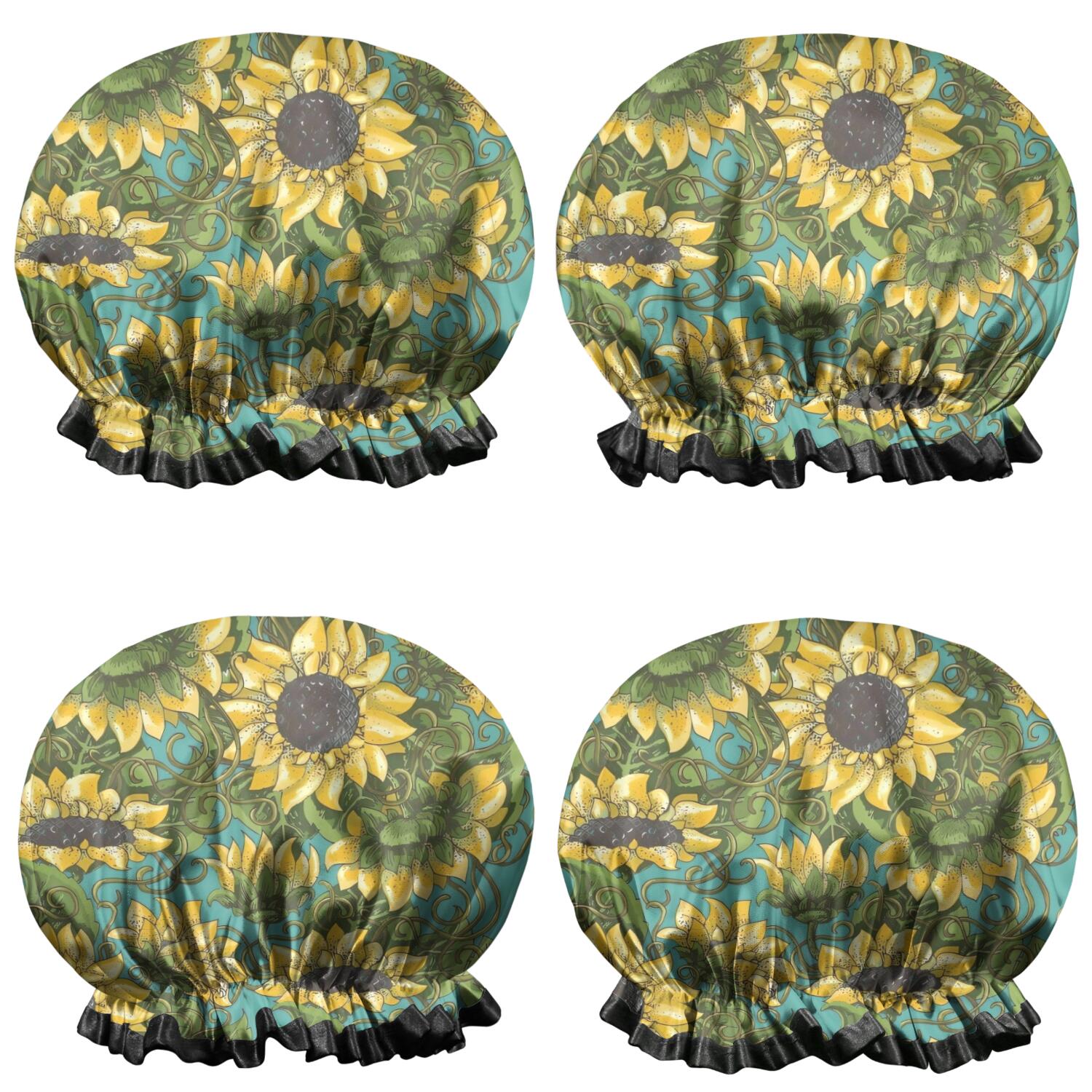 Shower Caps,Blue Sunflower Vine Leaf Pattern Waterproof Shower Cap for Women 4 Pieces,Double Reusable Hair Cover for Shower PEVA Elastic Stretch Hem