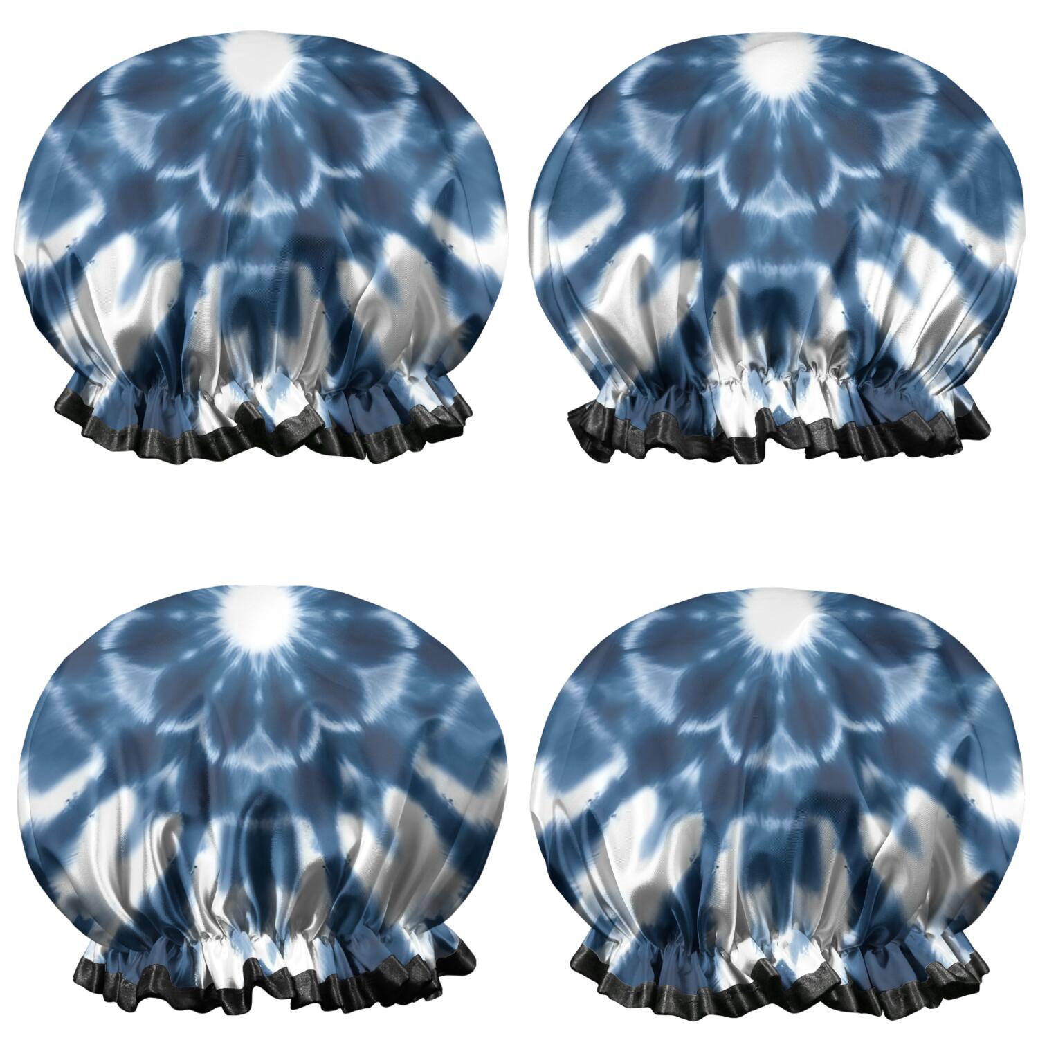 Shower Caps,Blue Tie Dye Flower Mandala Pattern Waterproof Shower Cap for Women 4 Pieces,Double Reusable Hair Cover for Shower PEVA Elastic Stretch Hem