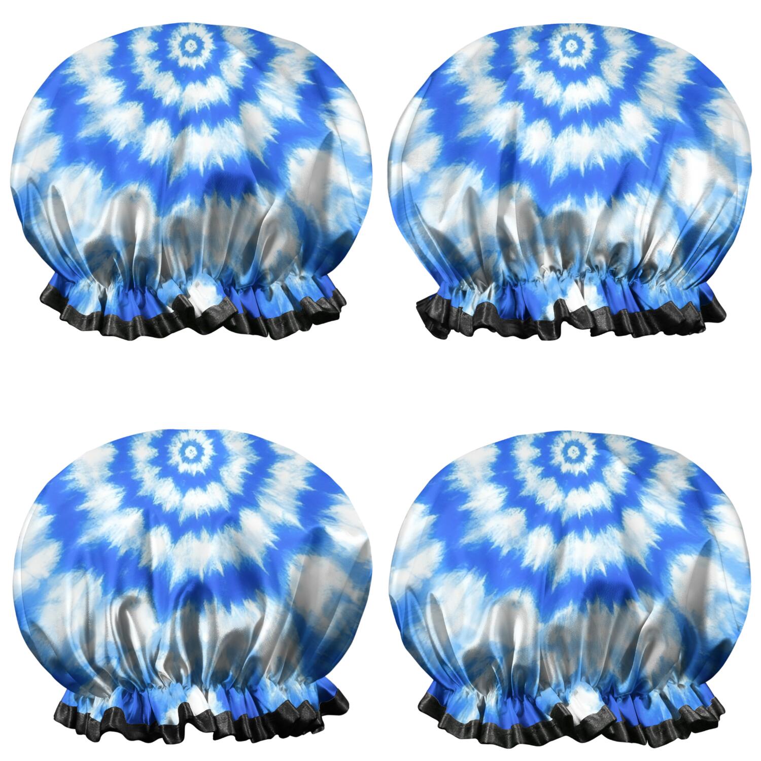 Shower Caps,Blue Tie Dye Mandala Pattern Waterproof Shower Cap for Women 4 Pieces,Double Reusable Hair Cover for Shower PEVA Elastic Stretch Hem