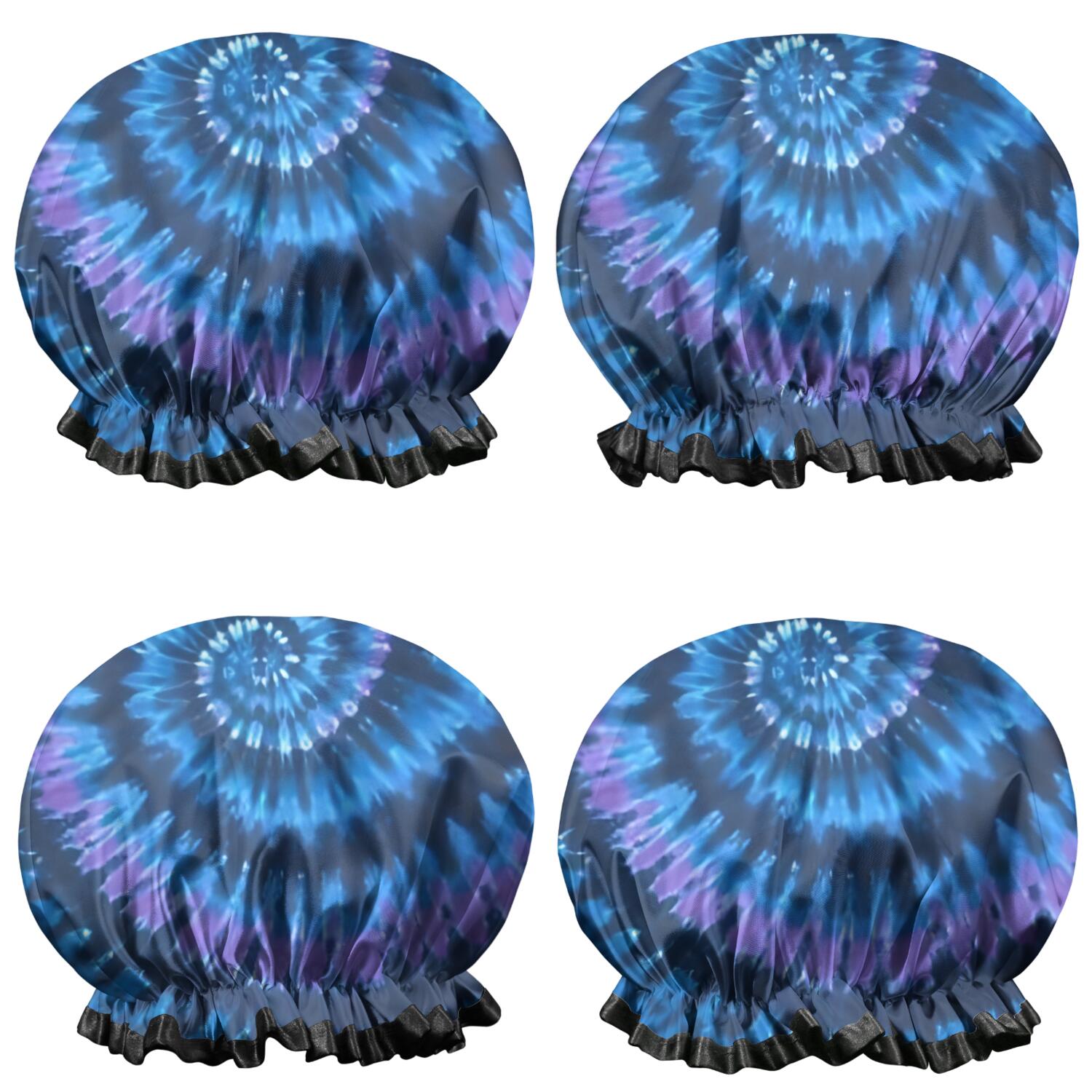 Shower Caps,Blue Tie Dye Pattern Waterproof Shower Cap for Women 4 Pieces,Double Reusable Hair Cover for Shower PEVA Elastic Stretch Hem