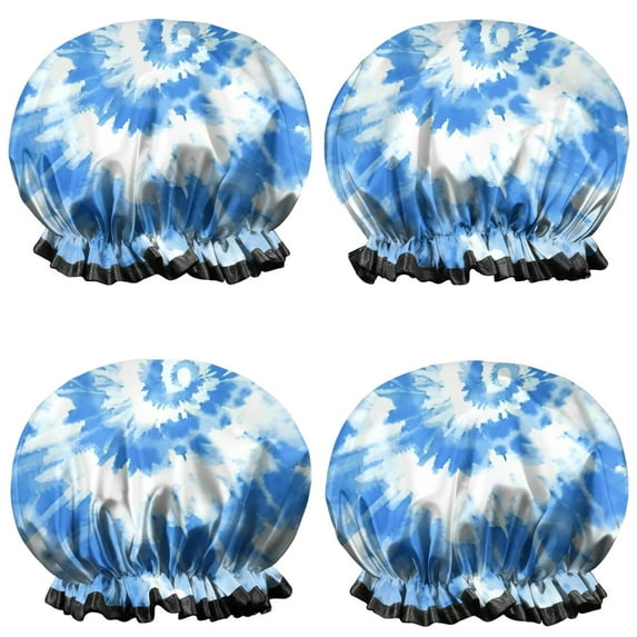 Shower Caps,Blue Tie Dye Pattern Waterproof Shower Cap for Women 4 Pieces,Double Reusable Hair Cover for Shower PEVA Elastic Stretch Hem
