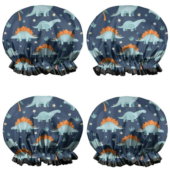 Shower Caps,Blue Toned Dinosaur and Palm Tree Pattern Waterproof Shower Cap for Women 4 Pieces,Double Reusable Hair Cover for Shower PEVA Elastic Stretch Hem
